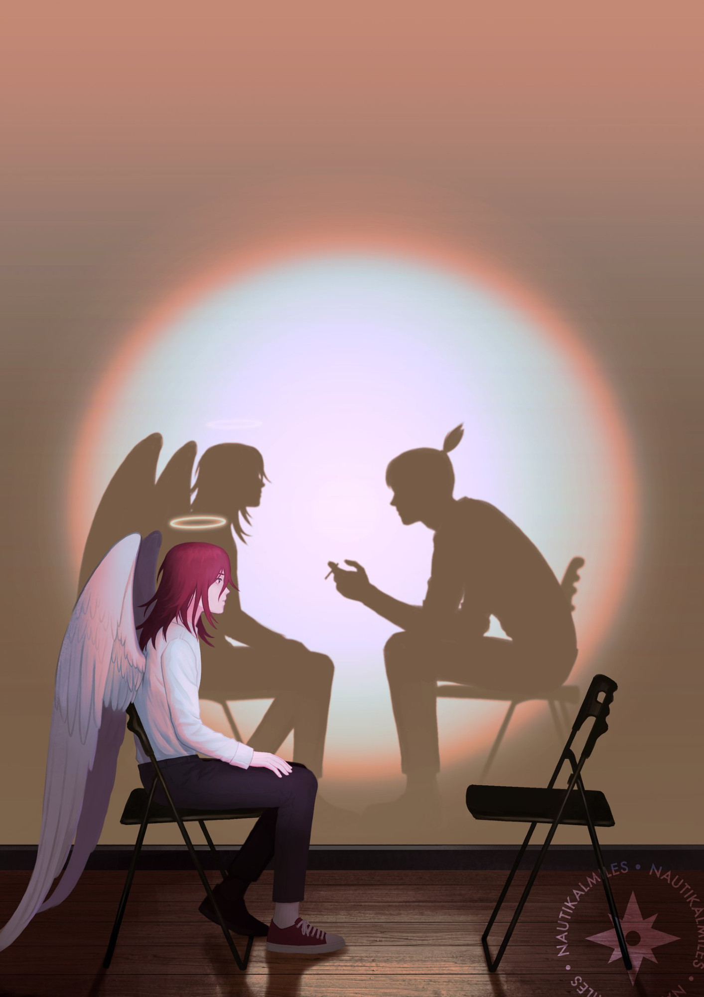 two chairs lit from the front by a circular light. angel devil from chainsaw man sits on the left side, casting a shadow against the wall. the chair on the right is unoccupied but the shadow of aki hayakawa is cast against the wall. 