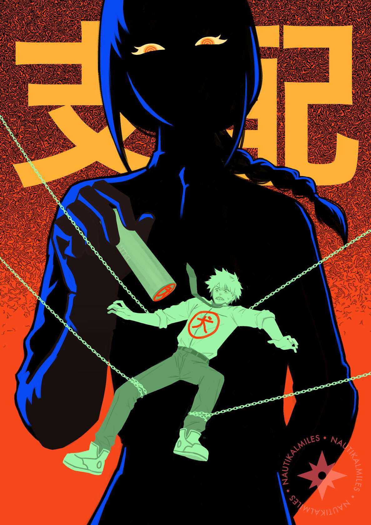 the silhouette of makima with her eyes visible, yellow and menacing. she is looking downwards at denji while holding a stamp. denji is chained mid-air with a big 'inu' (dog) kanji over his body.