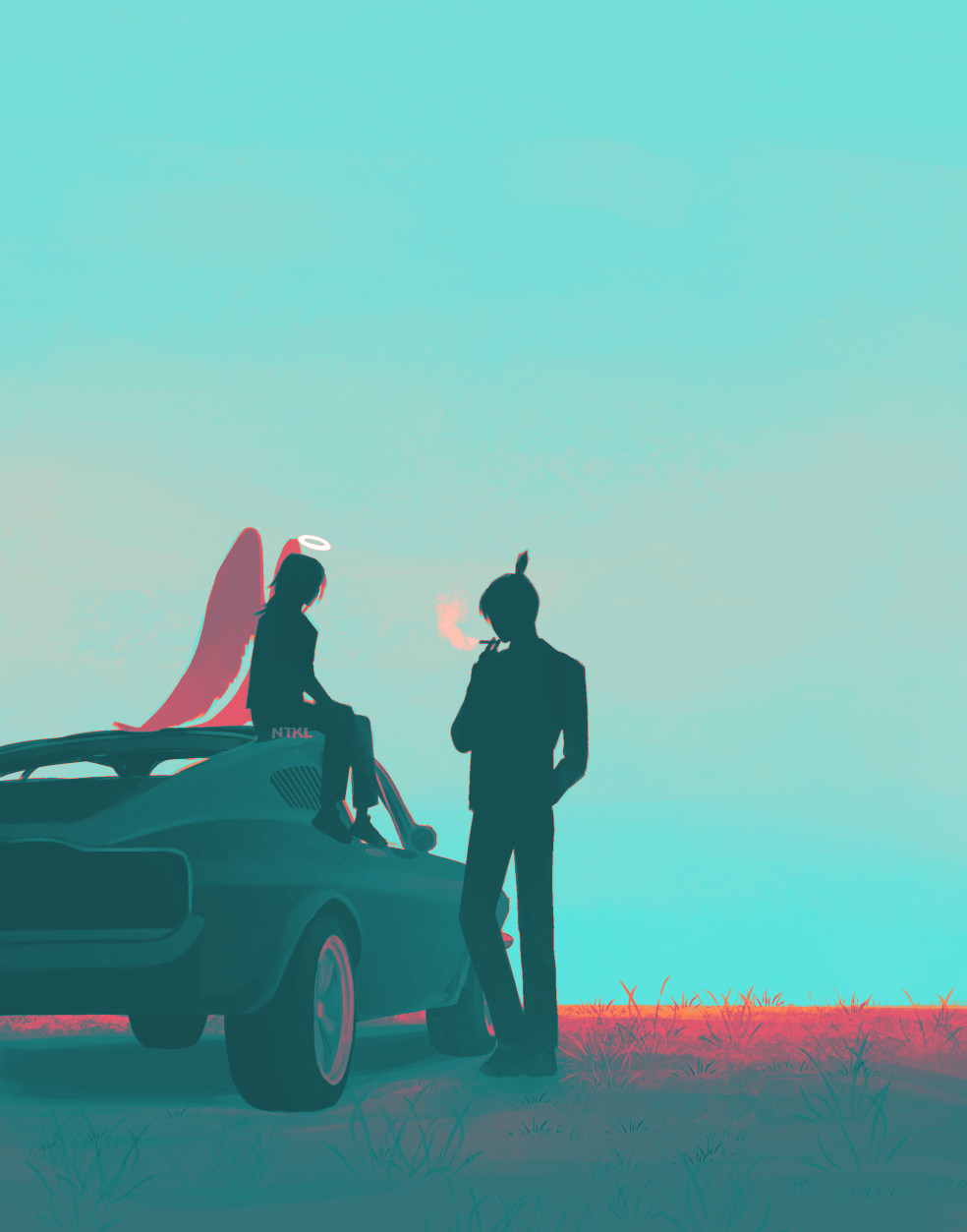 silhouettes of angel devil and aki hayakawa from chainsaw man. angel devil is sitting on top of a car. a few steps from him, aki is smoking a cigarette. the palette is mostly light blue and dark teal with pops of bright red.