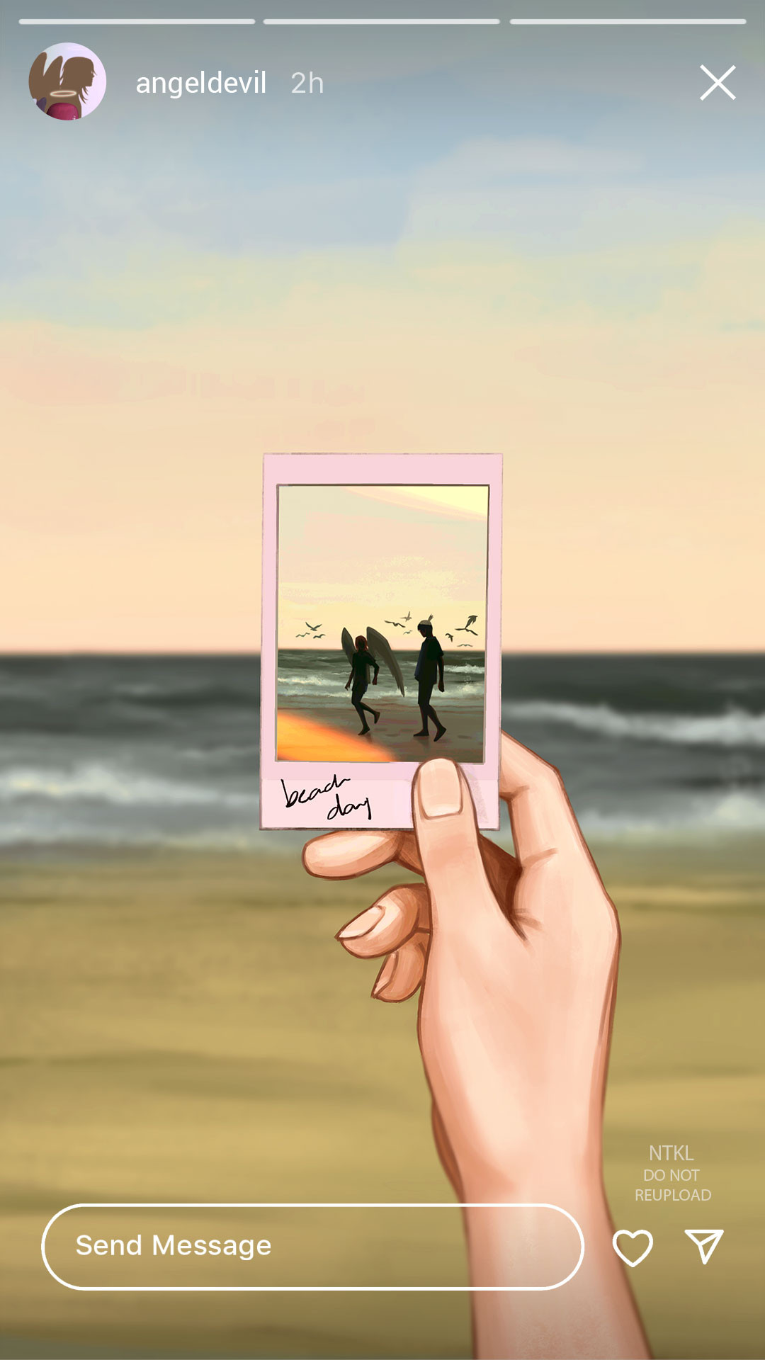 angel devil's hand holding up a polaroid photo. the photo shows his and aki hayakawa's silhouettes contrasted against the beach. the art is framed like an instagram stories post 