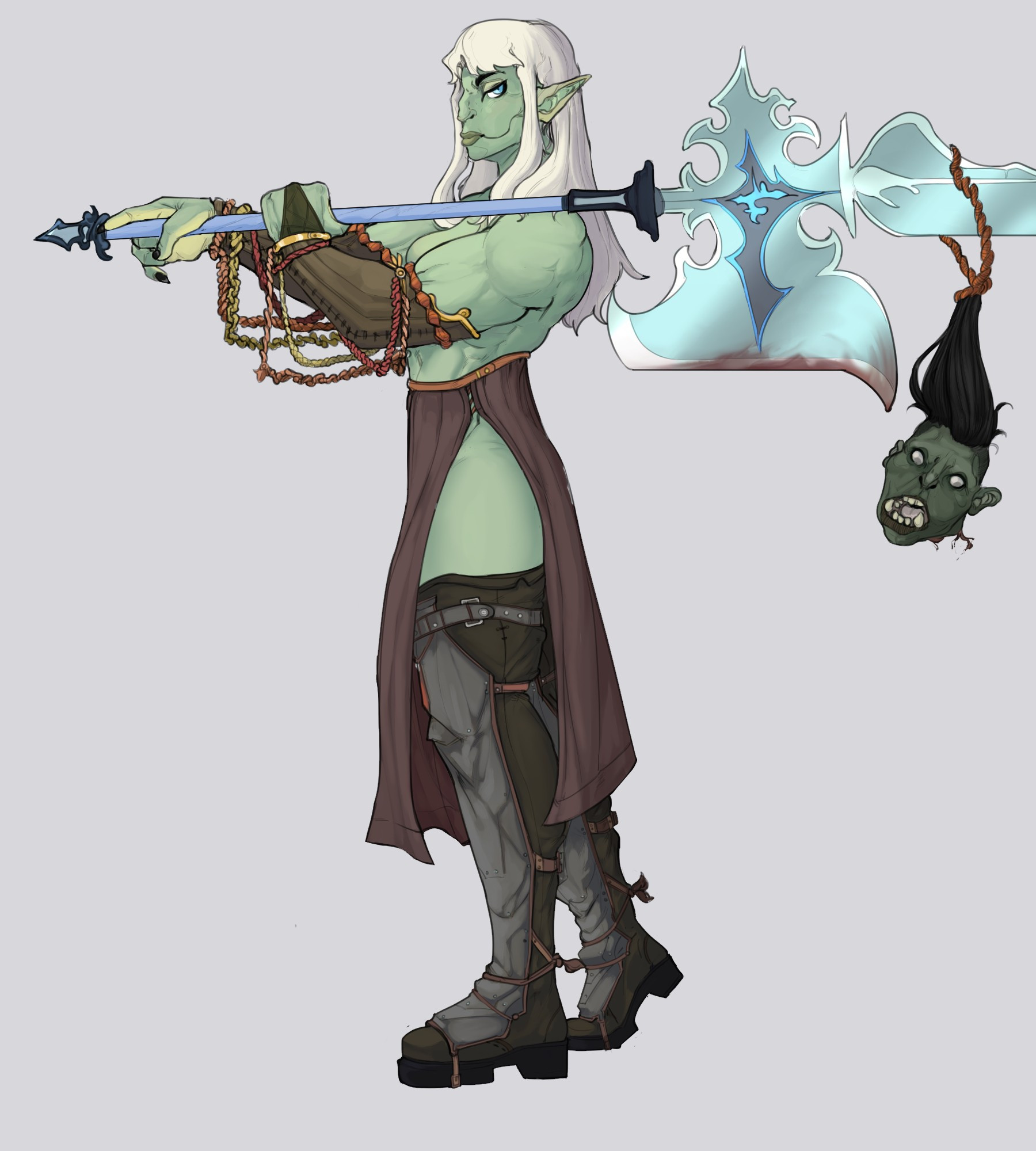 Cerce Stormbringer, a powerful female fantasy heroine. She is green skinned and wields a large halberd.