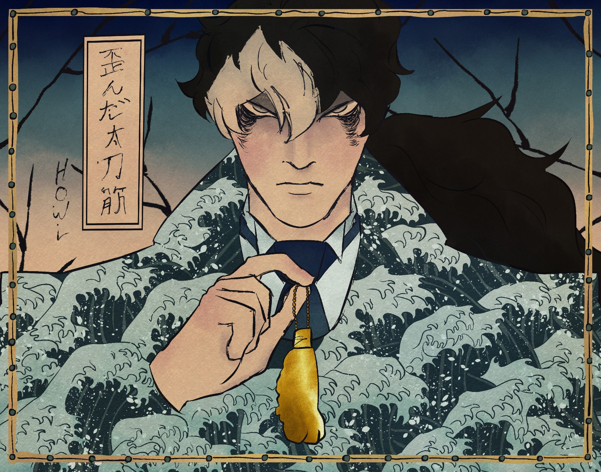 a digital drawing of simon blackquill in the style of japanese woodblock print holding a golden rabbit's foot