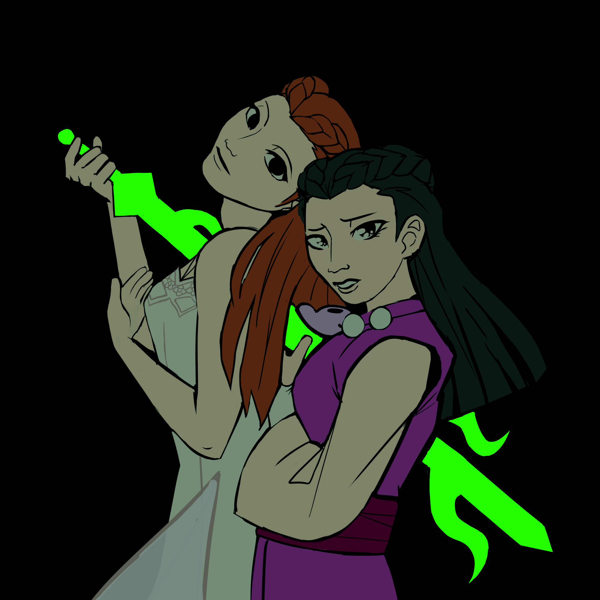 a digital drawing of iris and dahlia from ace attorney. dahlia has pierced herself with the seven-branched sword, which is glowing green. iris stands behind her, also pierced by the sword.