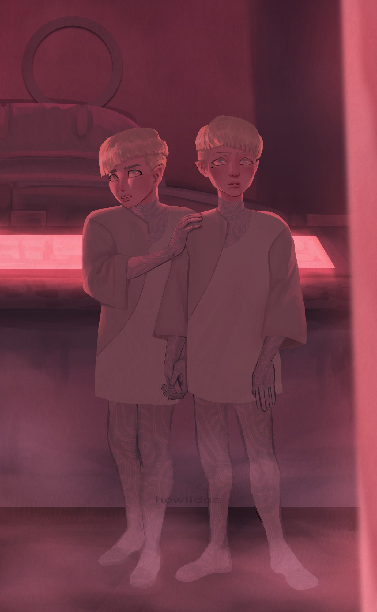 young vash and knives in stampede design standing side by side and holding hands as they look in fear at something out of camera view. they are in tesla's room.