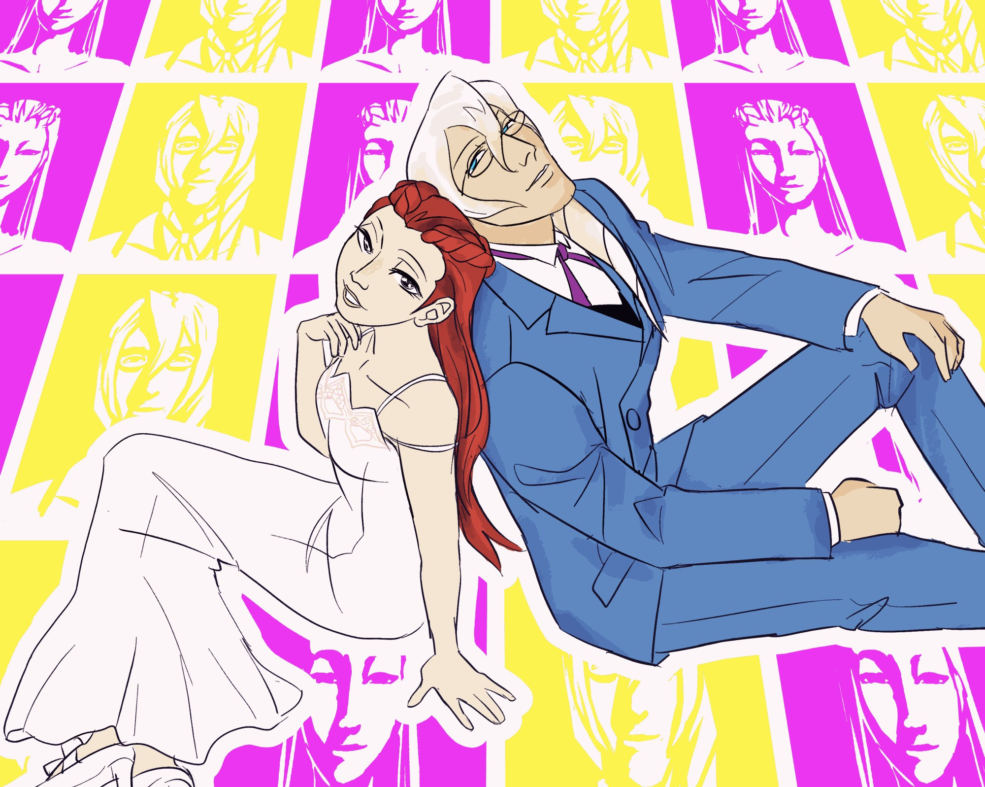 a gif of kristoph and dahlia from ace attorney. they are sitting back to back on a floor made up of their mugshots. the lighting flashes to UV light that shows they are covered in atroquinine