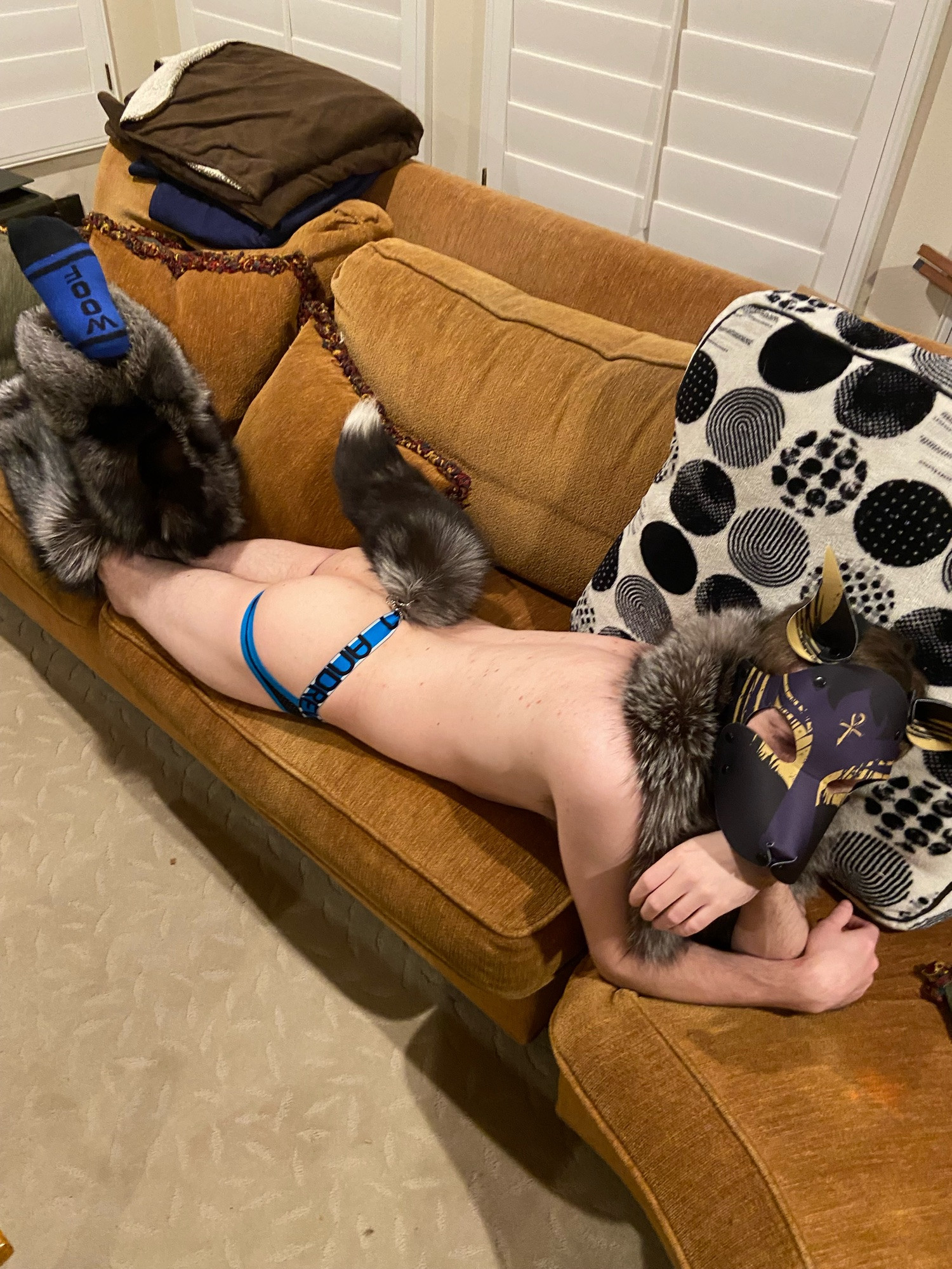 Nude Human Anubis pup lying on belly on brown couch with 1 leg kicked up into air. Wearing silver fox fur collar, tail, and leggings. Wearing blue socks which display “woof” on the bottom of one in the air