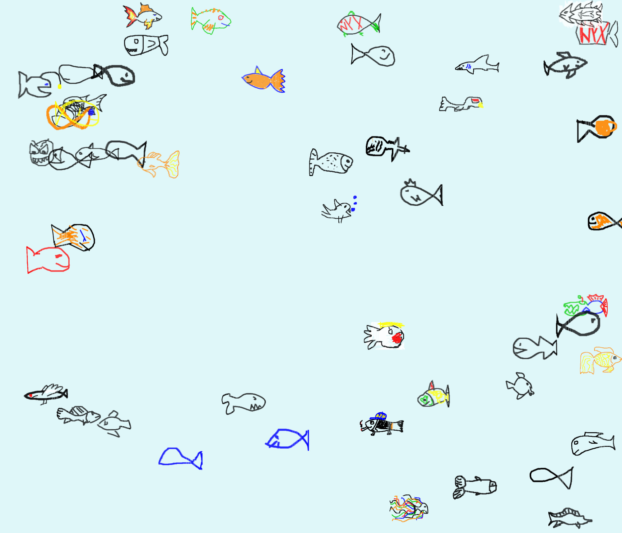 A group of handdrawn fish.