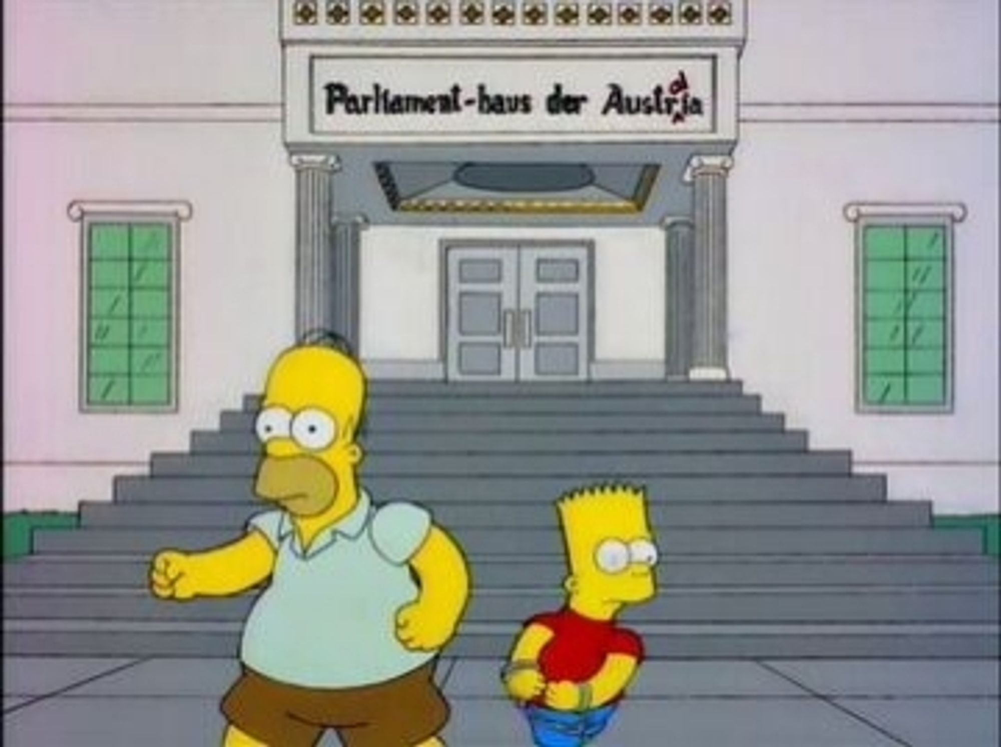 Simpsons clip from Australian episode where Homer & Bart are outside the "Parliament-haus der Austria" with a crudely inserted "al" in it as the Simpsons joke that Australia stole the parliament from Austria