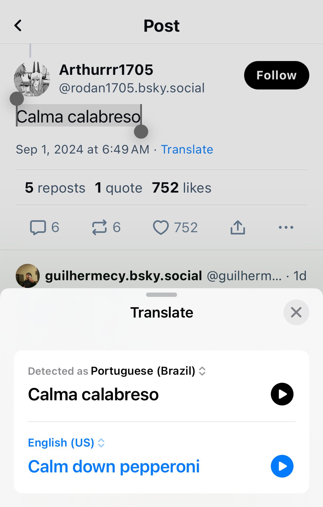 bsky screenshot translating “calma calabreso” in brazilian portuguese to “calm down pepperoni”