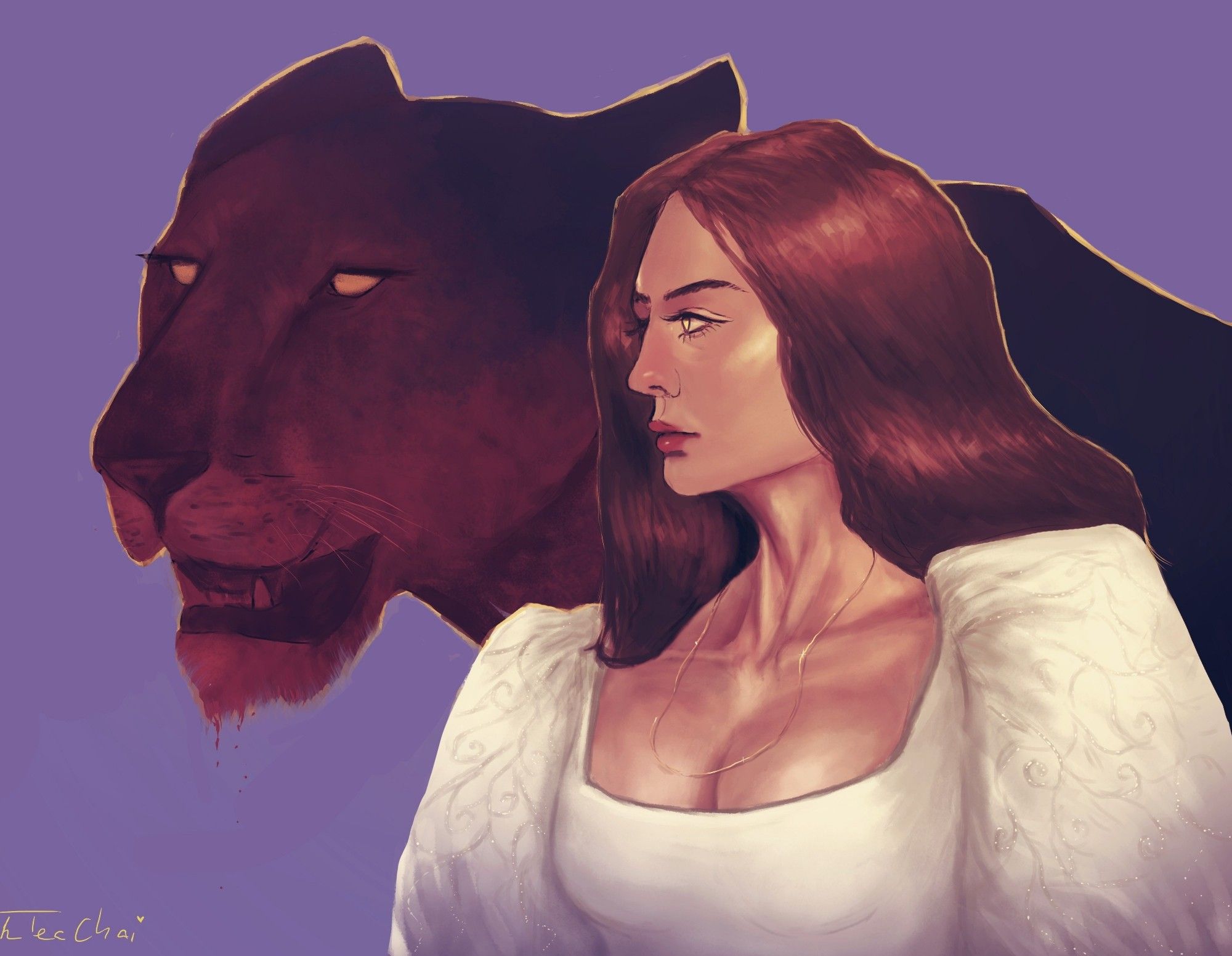 A woman with long brown hair and a white dress standing together with a blood stained lion