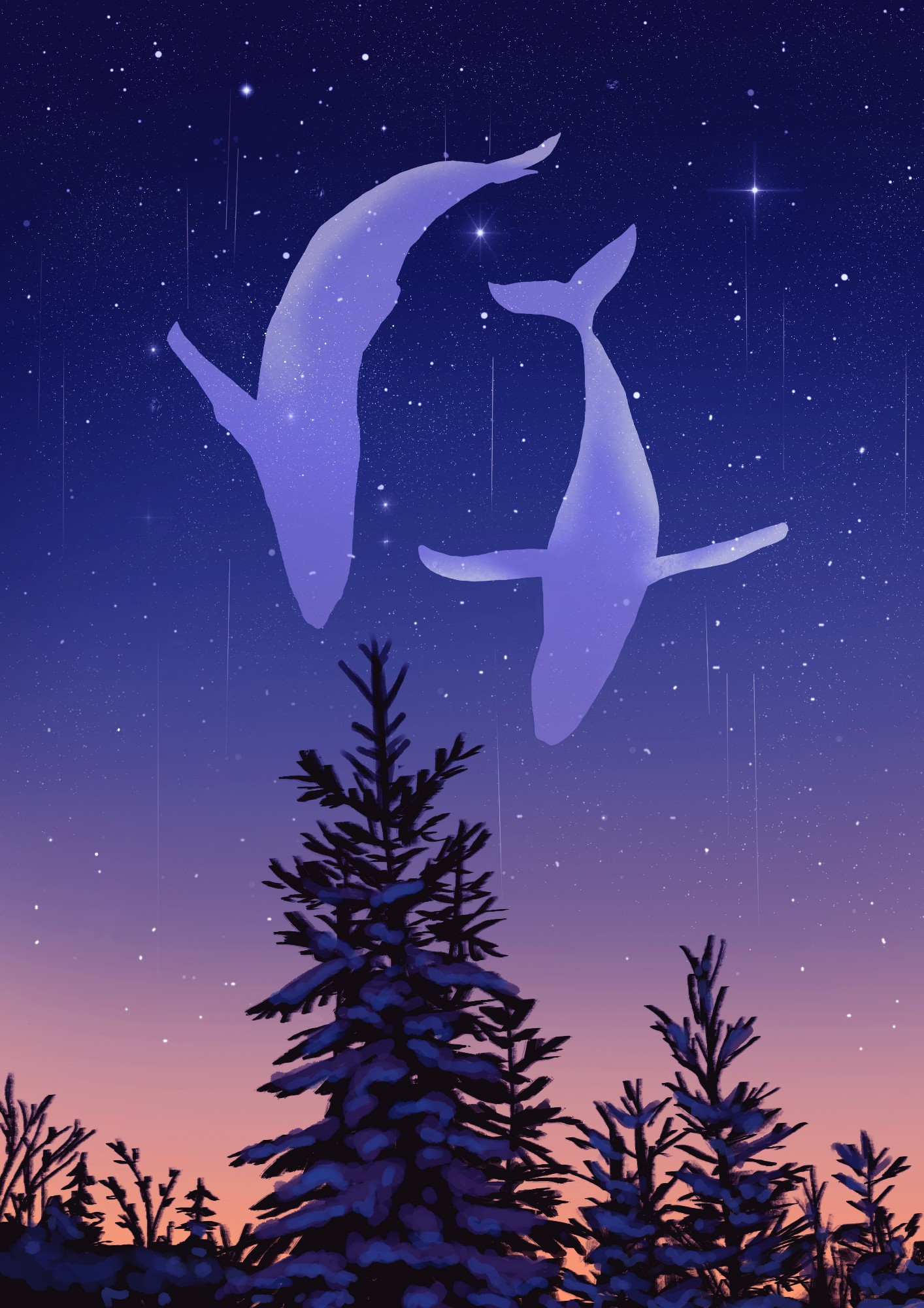 Two ghost whales flying over the starry sunset sky across a snowy pine forest. 