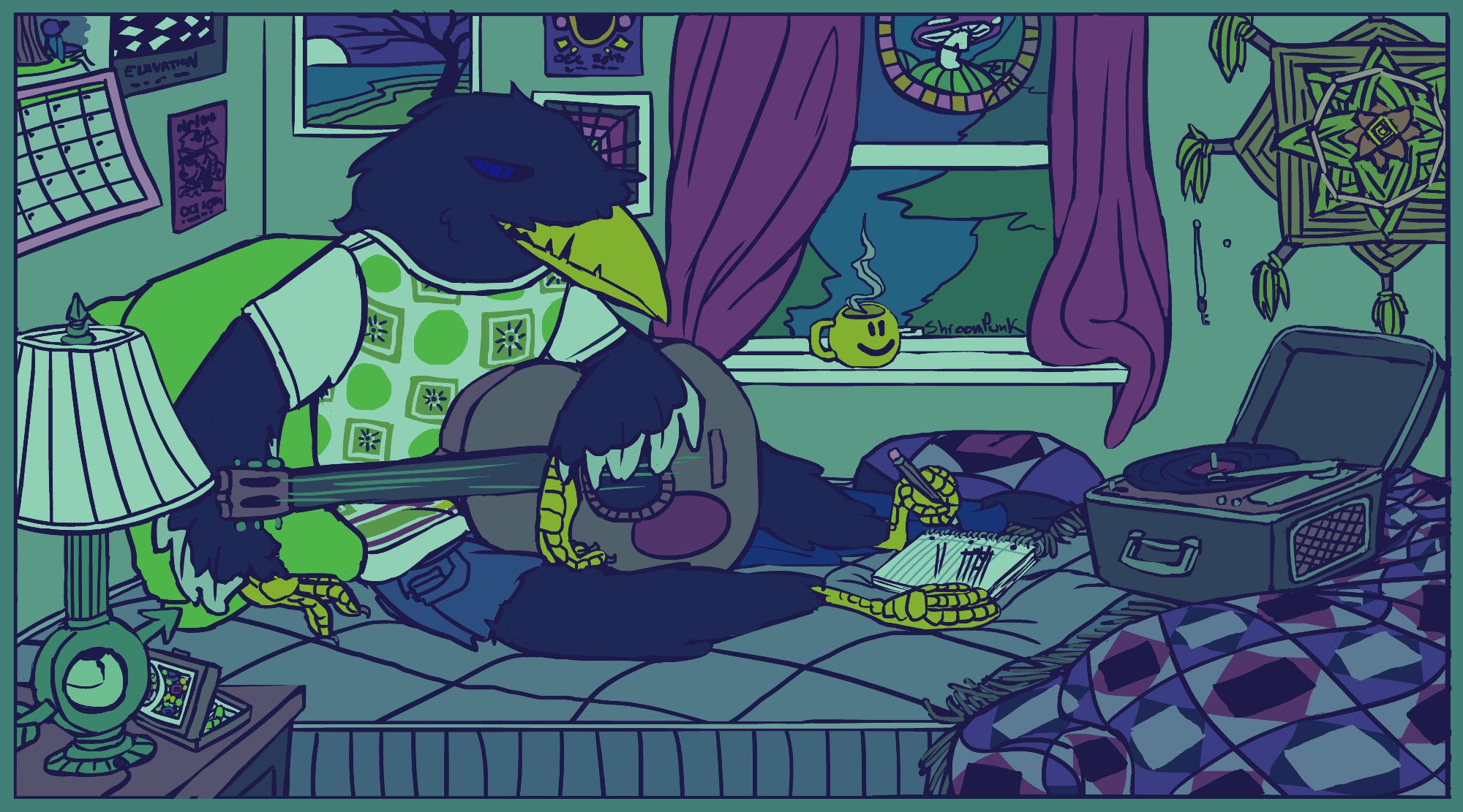 Digital illustration of an anthro magpie sitting in a bedroom, on an uncovered mattress. He's wearing 1970s style clothing with cutoff jean shorts, and has an acoustic guitar resting in his lap. The scene is cluttered with 1970s-appropriate decorations and he appears to be writing musical notes in a notebook with his feet.