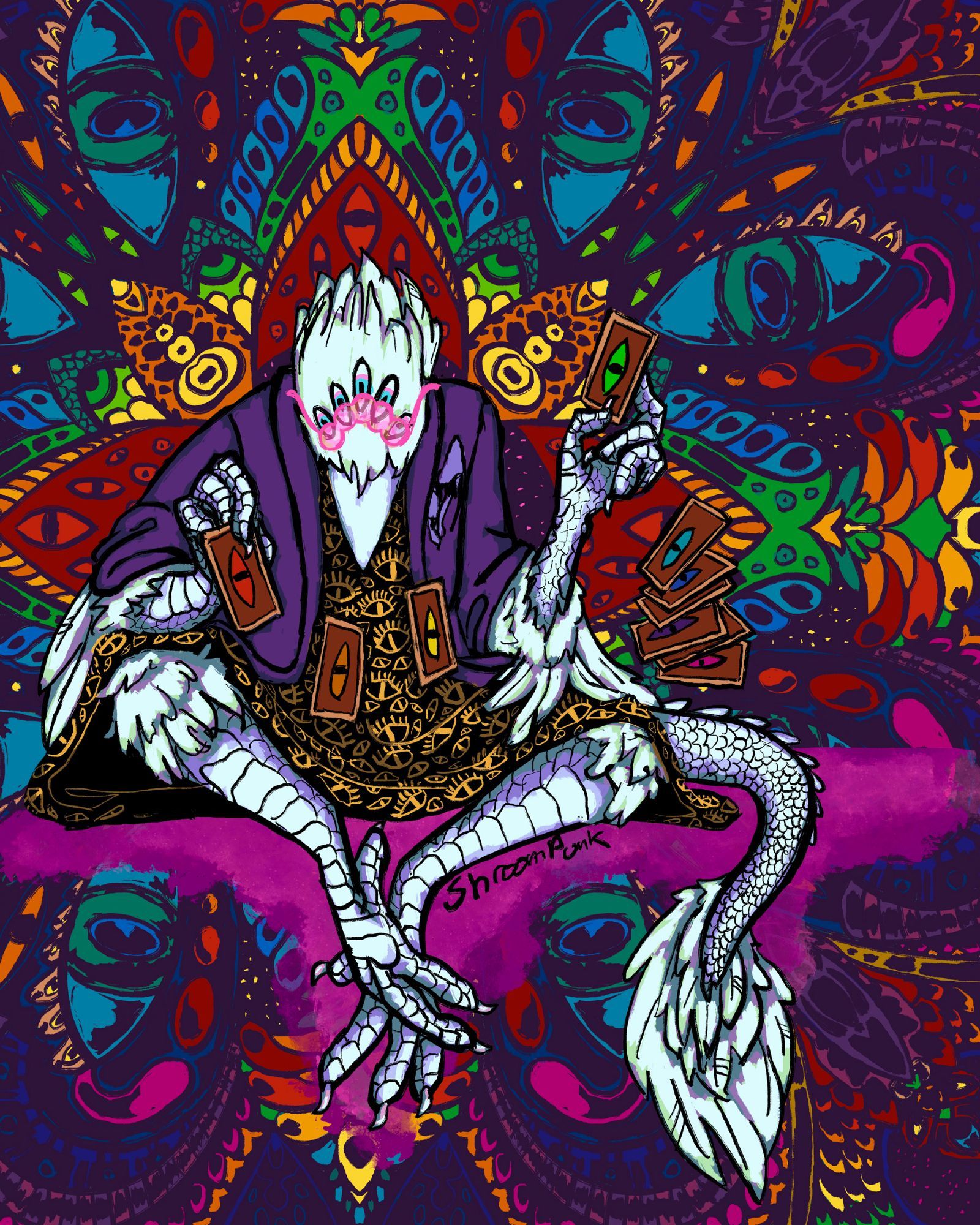 Psychedelic illustration of a pearlescent white anthro bird person with 5 eyes across their forehead and a reptilian tail with a feathered tuft at the end. They're wearing a dress with an eyeball print pattern and a purple sweater, and pulling tarot cards that are floating in the air in front of them. The background is a psychedelic rainbow colored radiating pattern of eyes and geometric shapes.