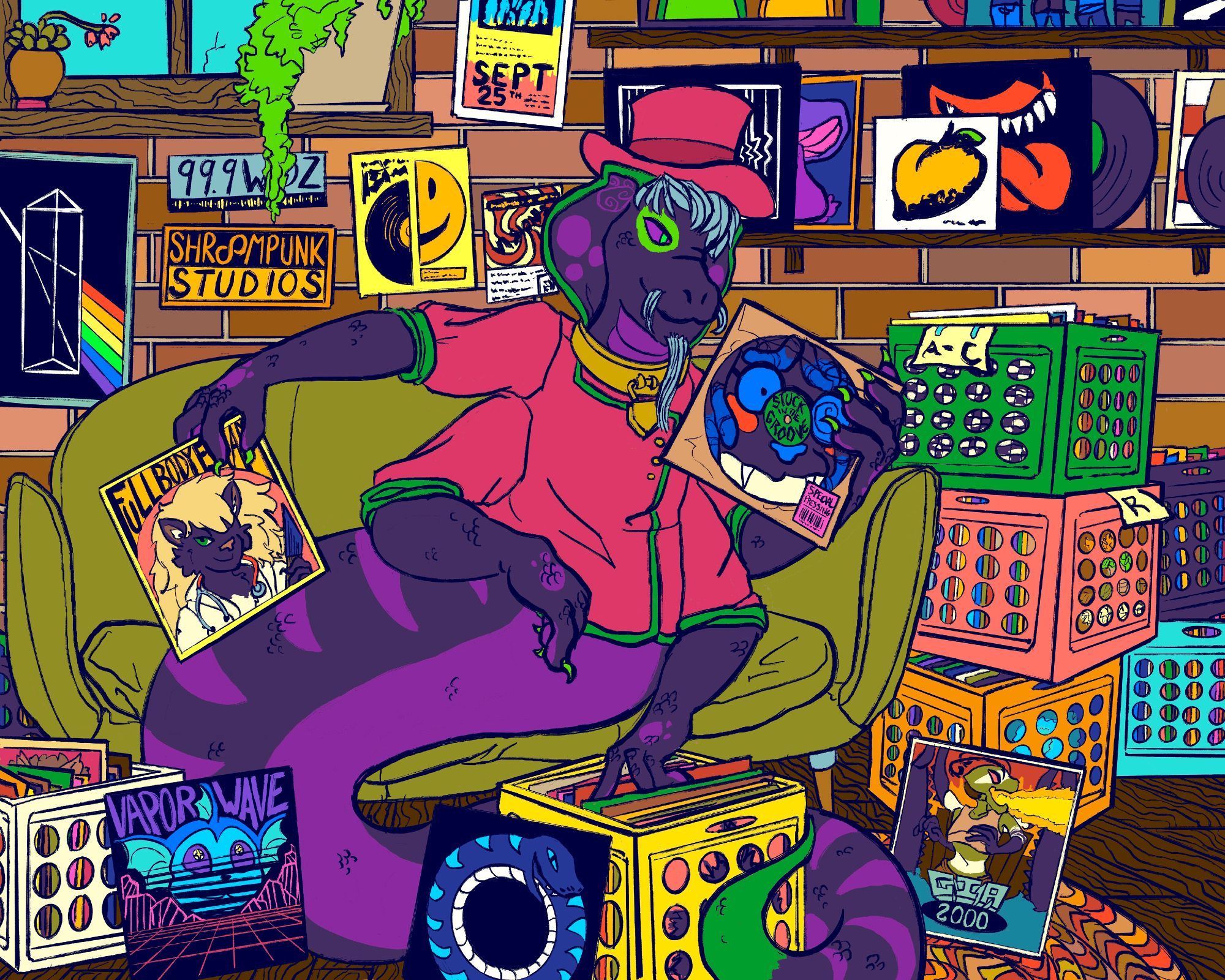 Digital illustration of a cozy record shop where a black and purple snake man is seated on a midcentury loveseat, looking through different vinyl albums in colorful boxes on the floor. Five of the records feature specific characters on their cover spoofing vinyl albums. In the snake man's hands are an album with a black cat with big poofy blonde hair labeled "Full Body Exam" and a blue and black character on another vinyl that is compressed into the shape of the vinyl, only showing a squished face and sharp teeth. On the floor are three albums: one with a vaporeon labeled "Vaporwave", a black and blue snake forming an ouroboros, and a giant mantis breathing fire.