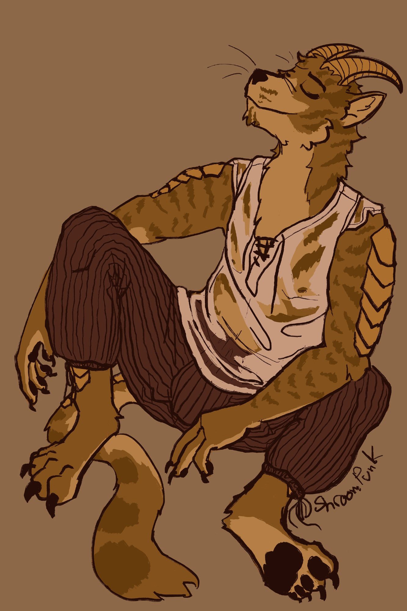 Mostly monochromatic yellow image of an anthro cat man with some draconic features, including horns on his head and bony plates on his limbs. He's leaned back relaxing, and dressed in casual loose pants and a semi-sheer shirt.