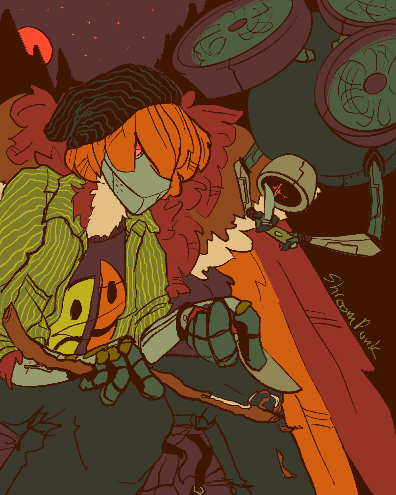 Digital illustration of a cyborg bird man with a metal face and hands, wearing casually punky clothes with a black beanie, striped overshirt, and a split smiley face on his t-shirt. He is seated and whittling a stick while a spherical robot drone floats nearby and closely inspects the blade of another pocket knife. The scene is set in a forest at night.