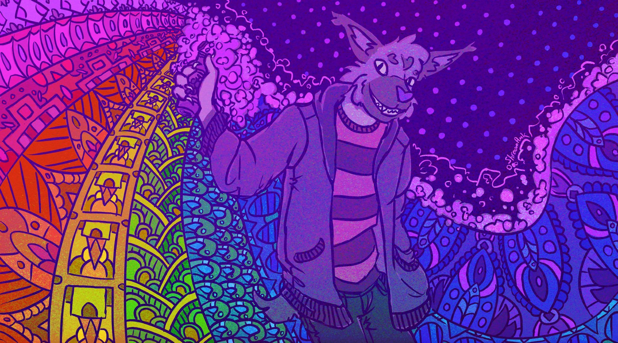 Colorful psychedelic illustration. The central figure is an anthro lynx wearing a hoodie over a striped t-shirt and jeans. He's holding a bottle of soda that is fizzing out the top and a bunch of psychedelic patterns flow out from the fizz in rainbow colors.