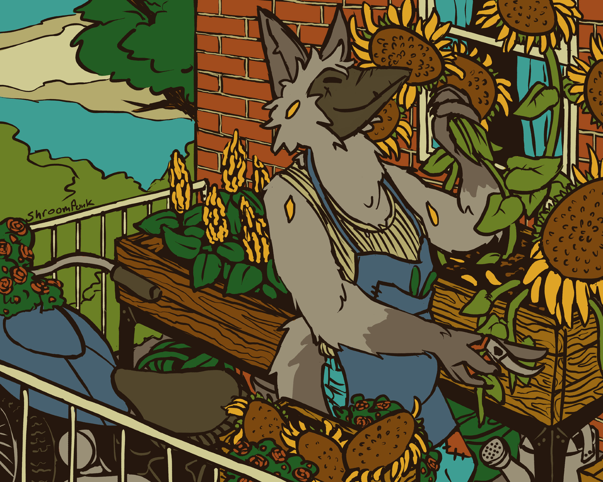 Digital illustration of an anthro character in a somewhat urban garden. The character has a mask-like bird face, but is furry with a tail and pointed ears more like some kind of canine. He's wearing an apron and holding garden shears as he grabs a sunflower that's growing in his garden box with the other hand. In the foreground, an old motorcycle holds planter boxes.