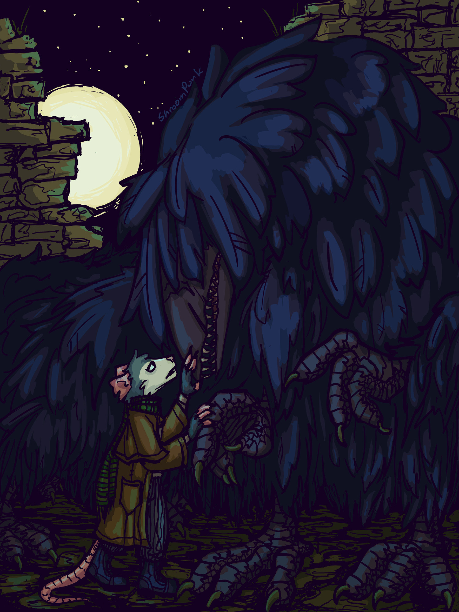 Digital illustration of a large feathered monster with a long body like an eastern dragon. He's standing in a dark ruin, dimly lit as an anthro opossum approaches, gently reaching out to touch a hand to his beaky face, resting their other hand on one of his massive fingers. The mood of the image is somewhat somber, the monstrous creature tense and his smaller companion bearing an expression that looks almost sad.