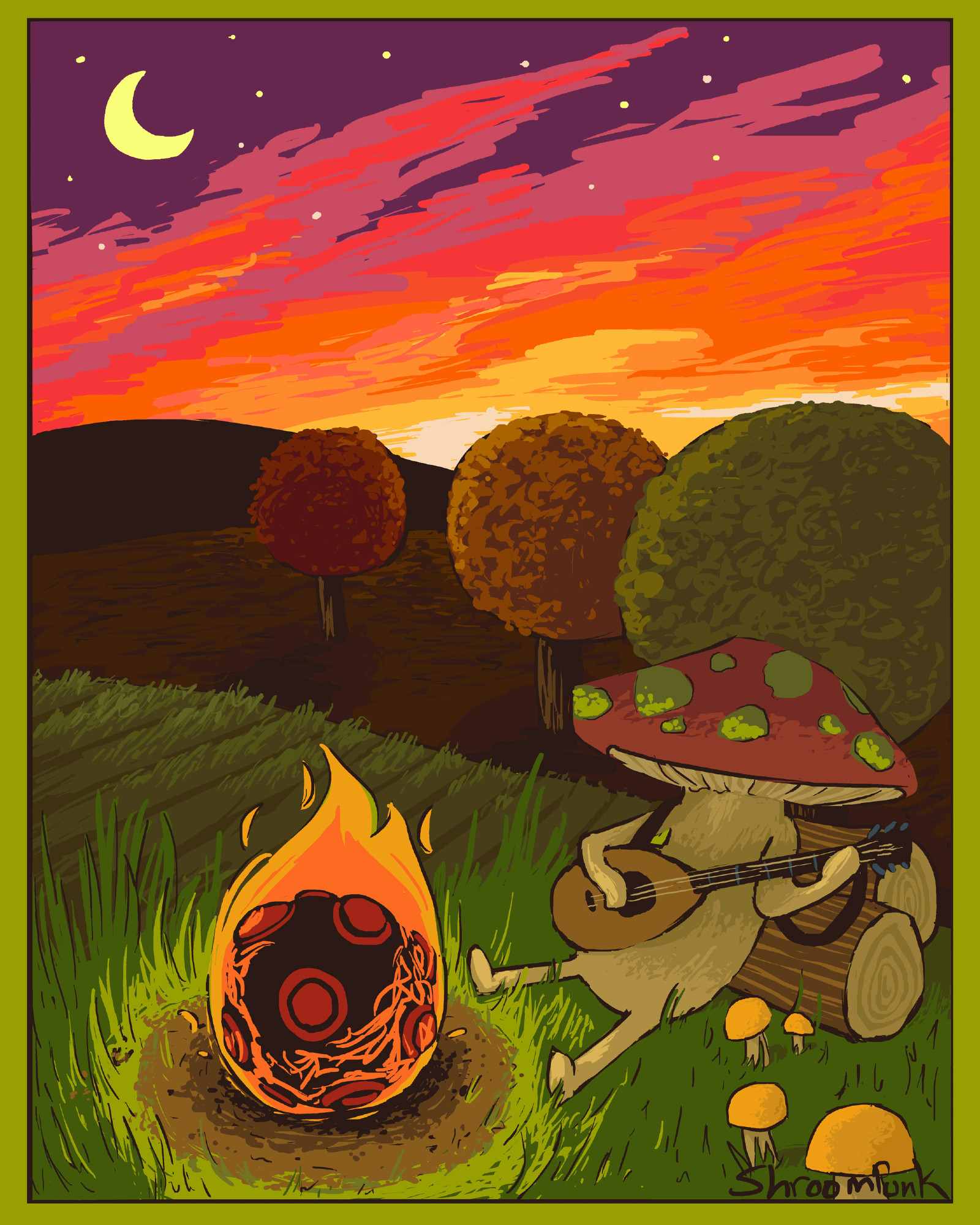 Digital fanart of the Katamari franchise, featuring the character Kinoko, who is a mushroom person, sitting by a burning katamari that serves as a campfire. Kinoko plays guitar, and the background is a colorful sunset over rolling fields.