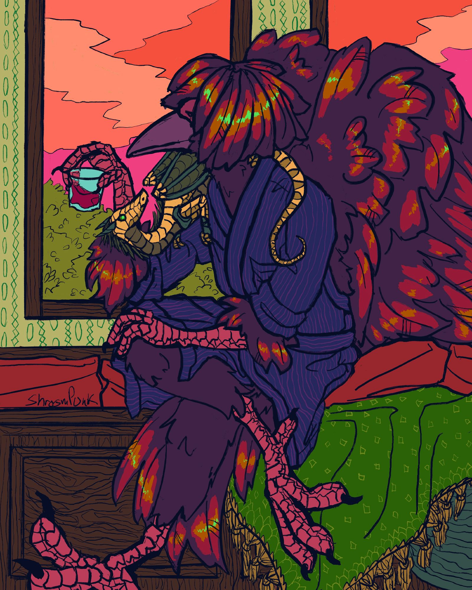 Digital illustration of a nicobar pigeon man seated on a cozy window seat, looking out the window at an orange sunset sky. He has dark feathers that iridesce in rainbow colors, is wearing a dark robe, and holding a glass of wine casually. A small gold colored clockwork dragon is seated on his shoulders, looking up at his face with a catlike curiosity.