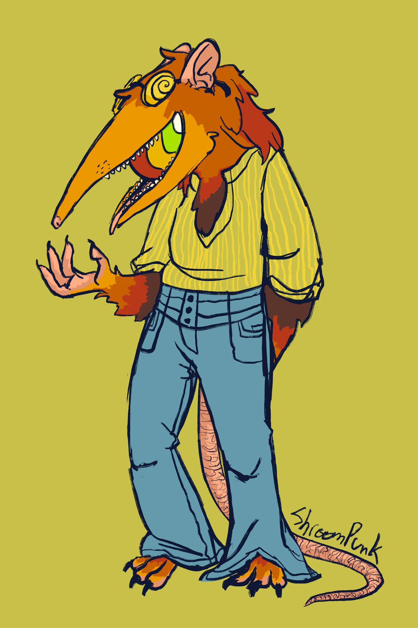 Digital sketch of an anthro black and rufous elephant shrew wearing 1970s styled clothing. He has a vibrant orange and red face and markings around his wrists, and a colorful eyeball in his mouth looking towards the viewer.