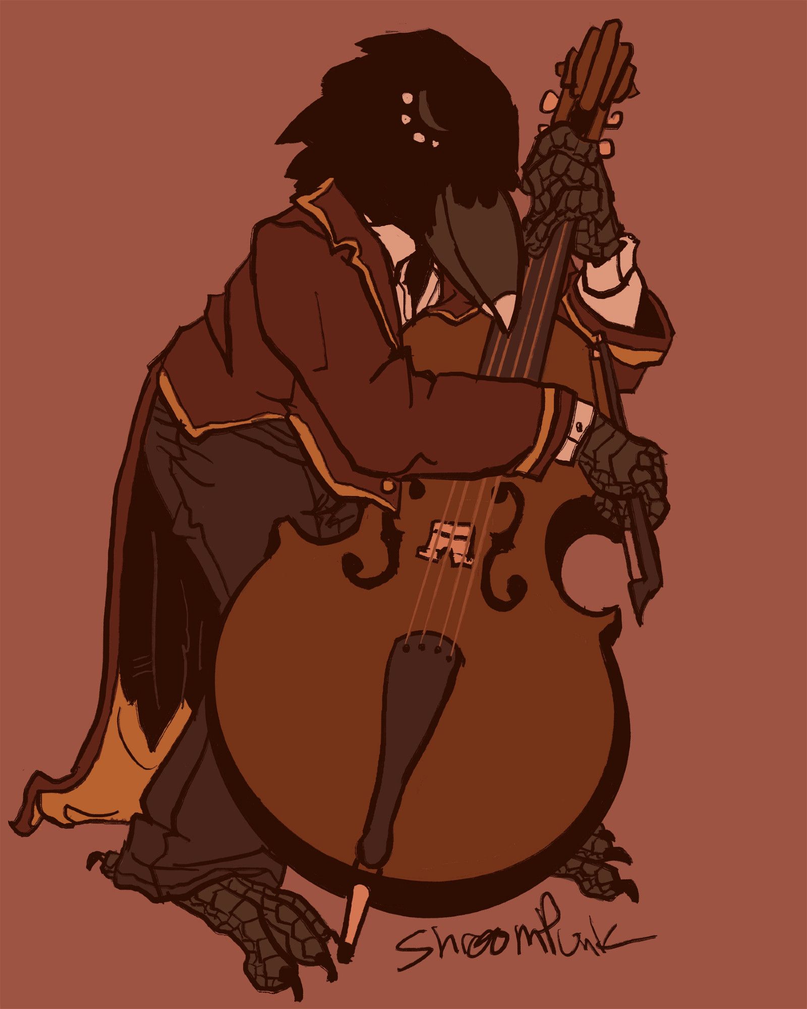 Red-toned digital illustration of a short raven woman in a red tailcoat, leaned over a cello with her arms draped over it like a loose hug.