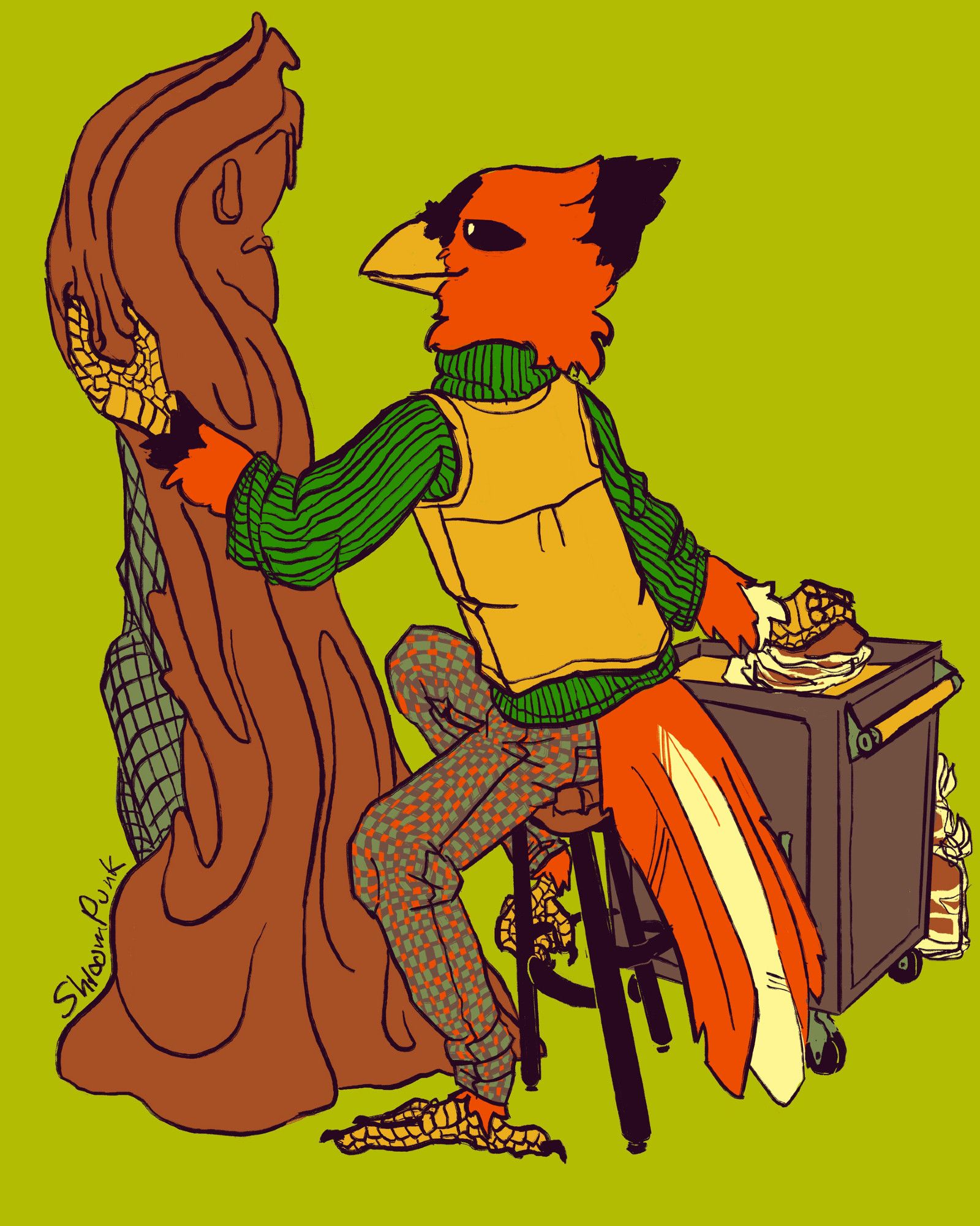 Digital illustration of an anthro cardinal man in 1970s clothing, wearing a green cable knit sweater, a vest, and bold patterned pants. He is seated in front of a large unfinished sculpture of clay on a metal wireframe, and is working on the sculpture with one hand while reaching for more clay with the other, grabbing it off a nearby cart.