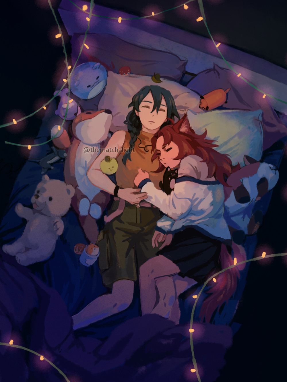 A drawing of two people peacefully sleeping on a bed, one with teal hair in a braid and the other with red hair and cat ears and tail. They're resting against each other, legs loosely hooked together, with stuffed toys and some string lights all around.