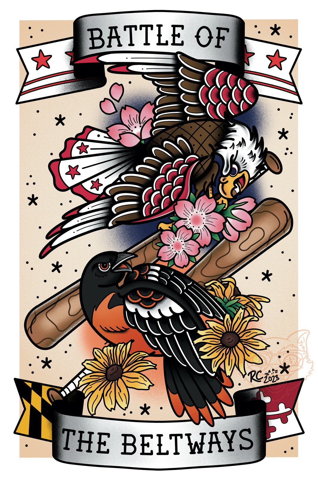 Oriole and Bald Eagle on baseball bats in tattoo flash style