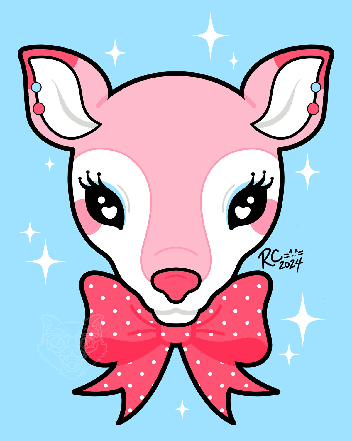 Pink Fawn Face with dark pink bow illustration.