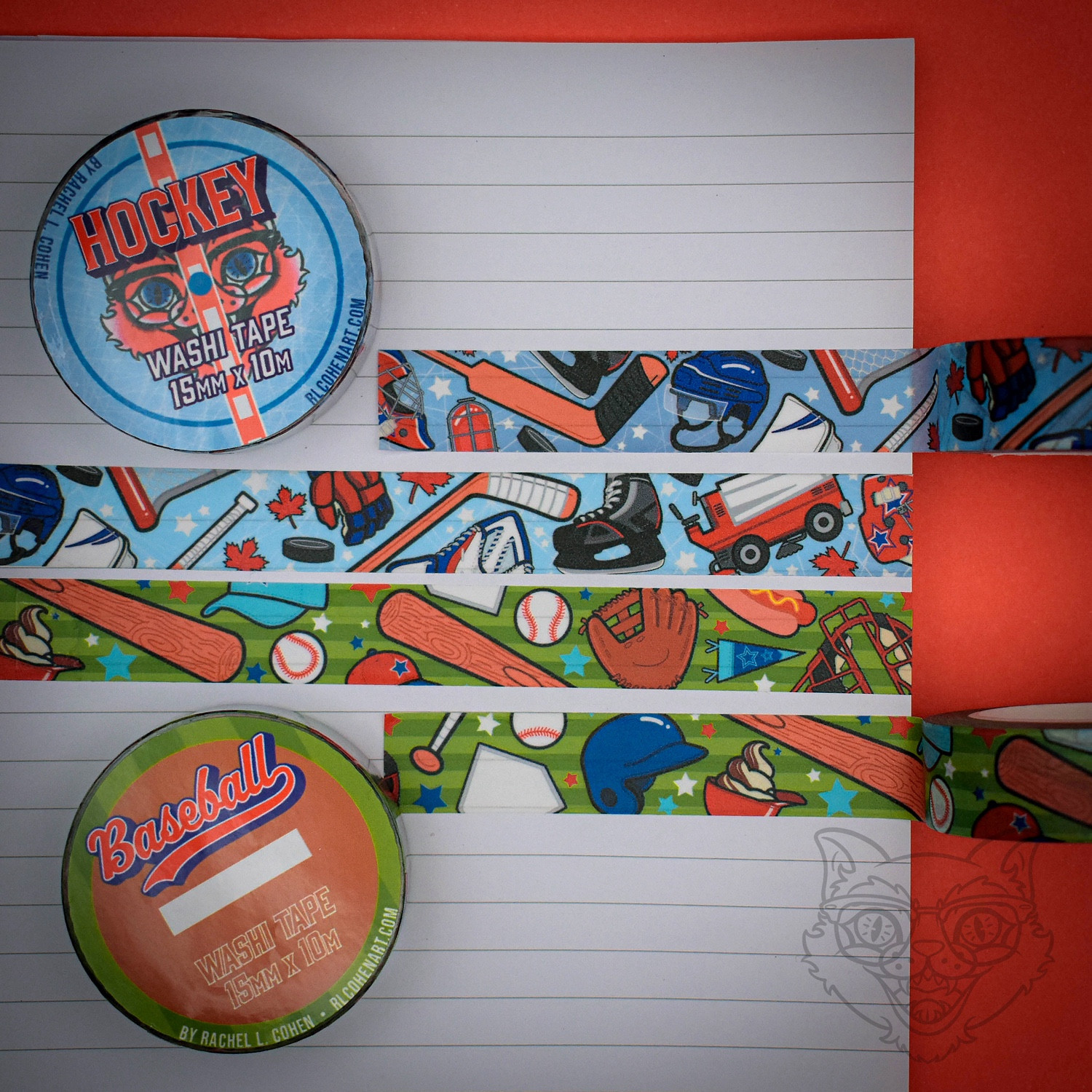 Rolls of washi tape with hockey and baseball equipment on a lined journal page