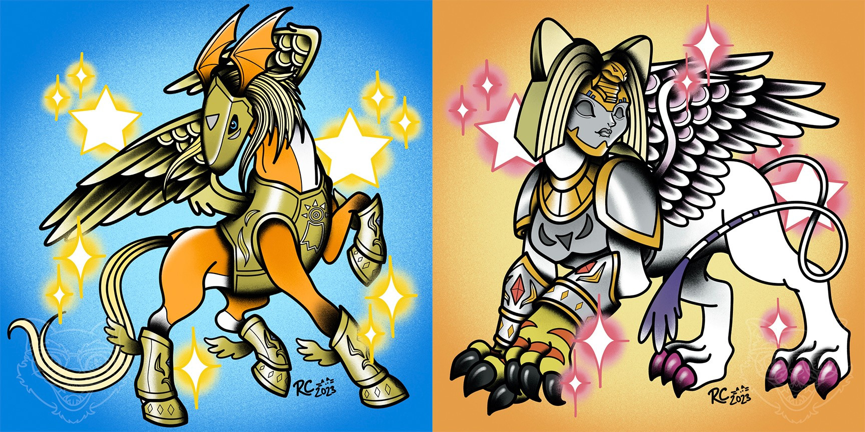 Pegasmon & Nefertimon in tattoo flash style