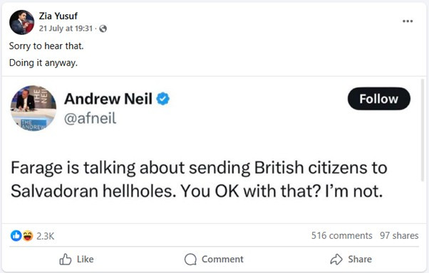 A post from the chairman of Reform, showing his attitude to human rights.