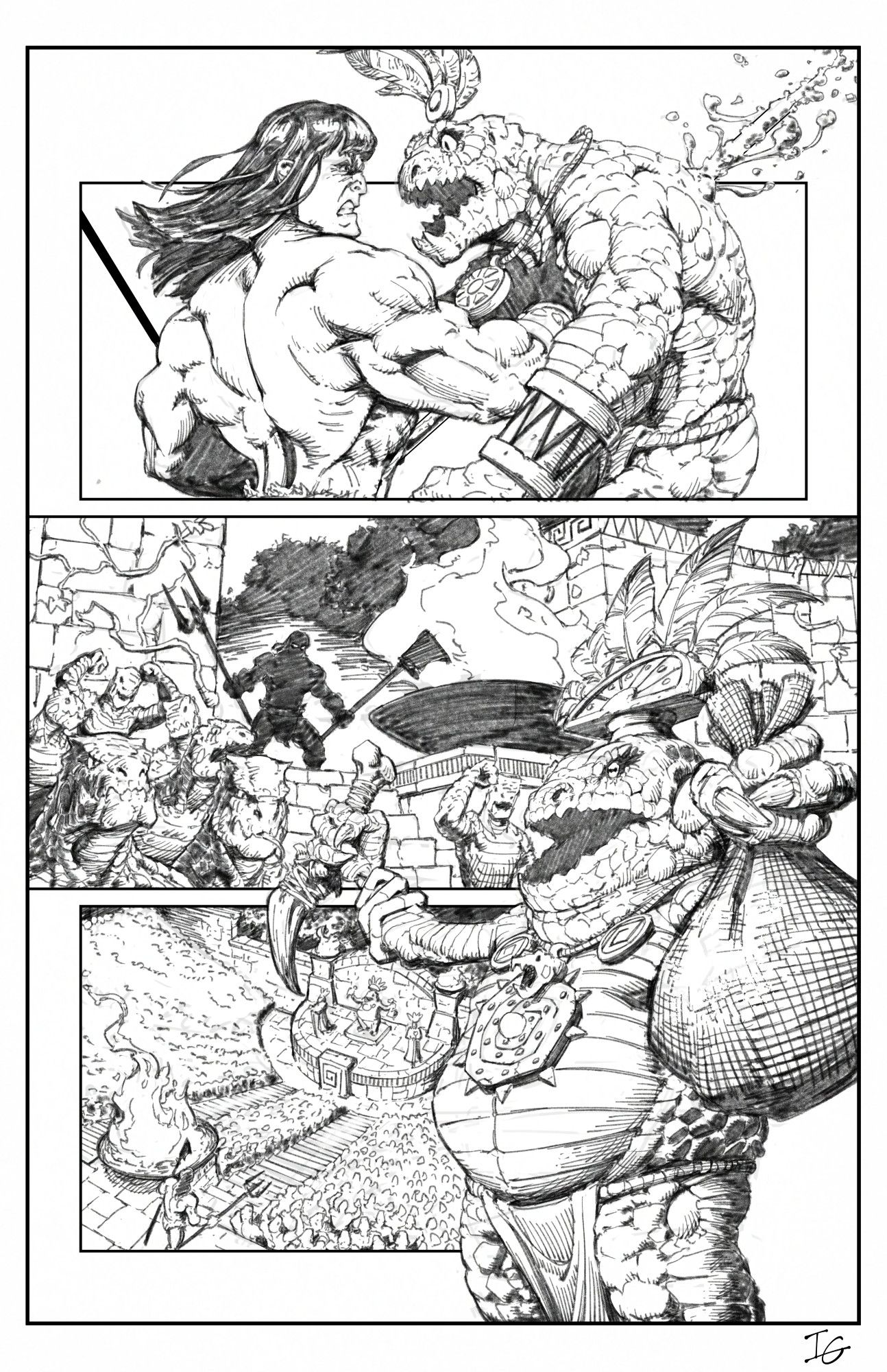 A sketch of a comic page showing Conan the barbarian stabbing a spear into the chest of a lizard man. Inside the temple is an auditorium full of lizard men. At the front of the auditorium is a fat lizard man holding a knife and a bag full of something.