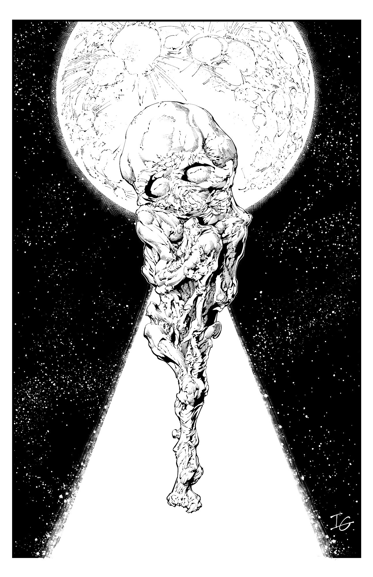 A digital ink drawing of a creature that looks like a mummified child. It floats on a beam of light coming from the moon.