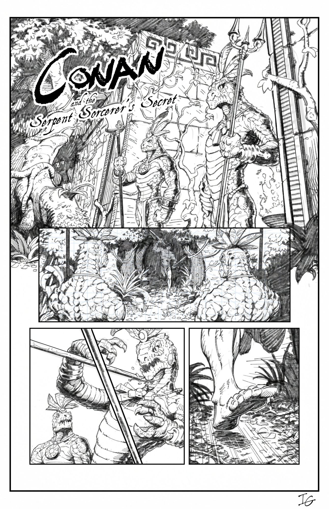 A sketch of a comic page showing two lizard men guarding a temple in a jungle. A man comes running out of the darkness of the jungle with spears in his hands. One spear in the throat of one of the lizard men.