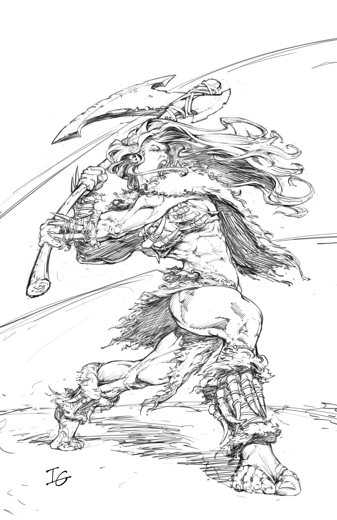 A pencil drawing of a barbarian woman swinging a large axe. She is wearing animal furs.