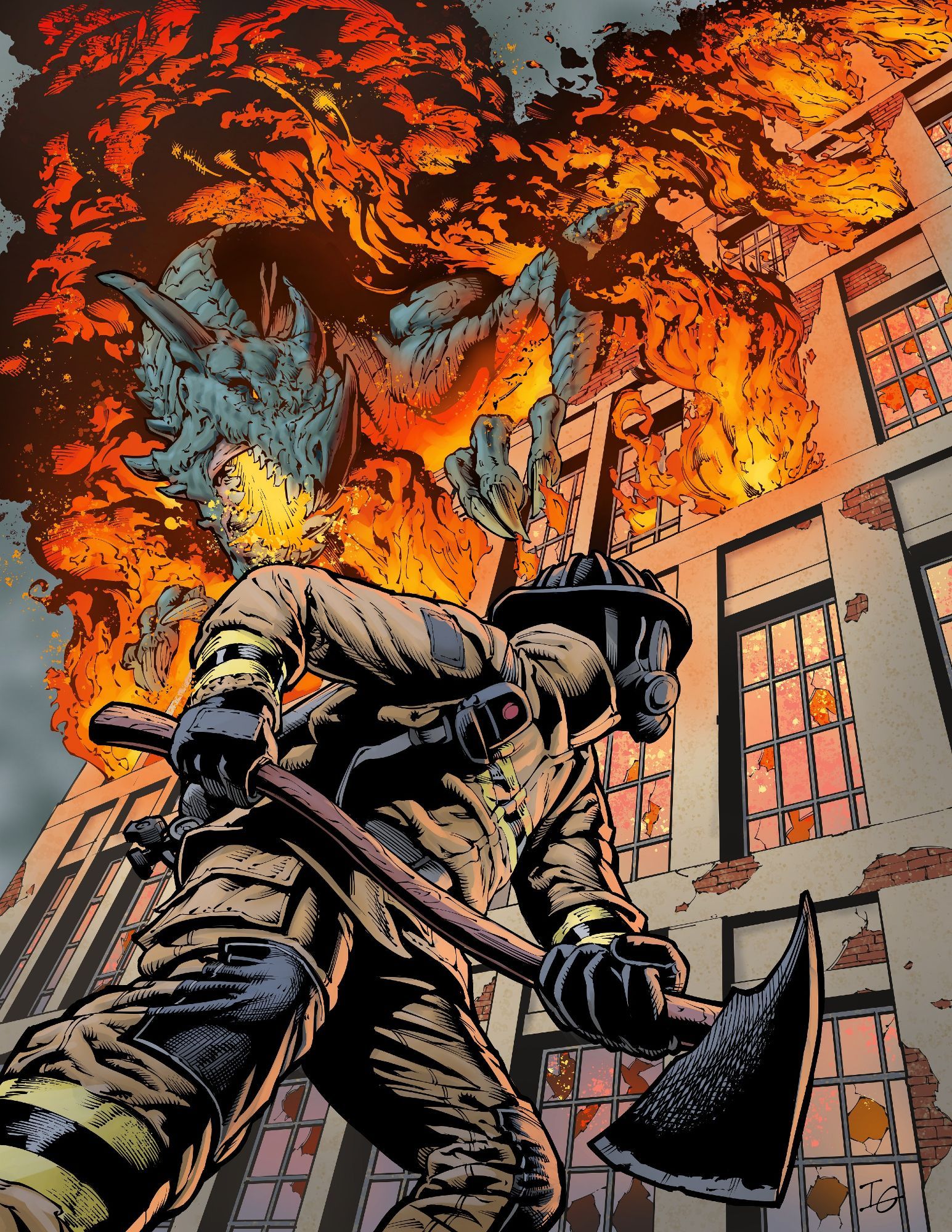 A digital drawing of a firefighter holding an ax and running into a burning building. A dragon is emerging from the flames coming out of the building.