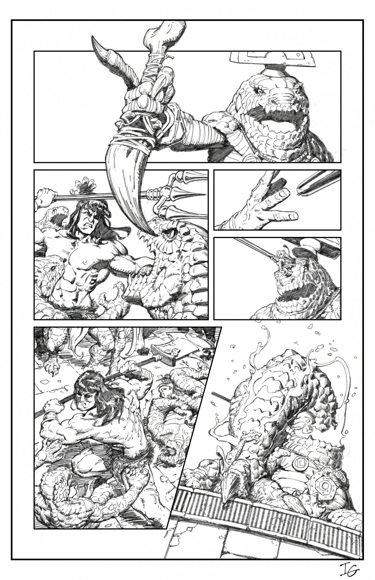 A sketch of a comic page showing the fat lizard man pointing at Conan. Conan is then attacked by a mob of lizard men. Conan throws a trident into the head of the fat lizard man killing him. A large monstrous reptilian art bursts out of the mouth of the dead lizard man.