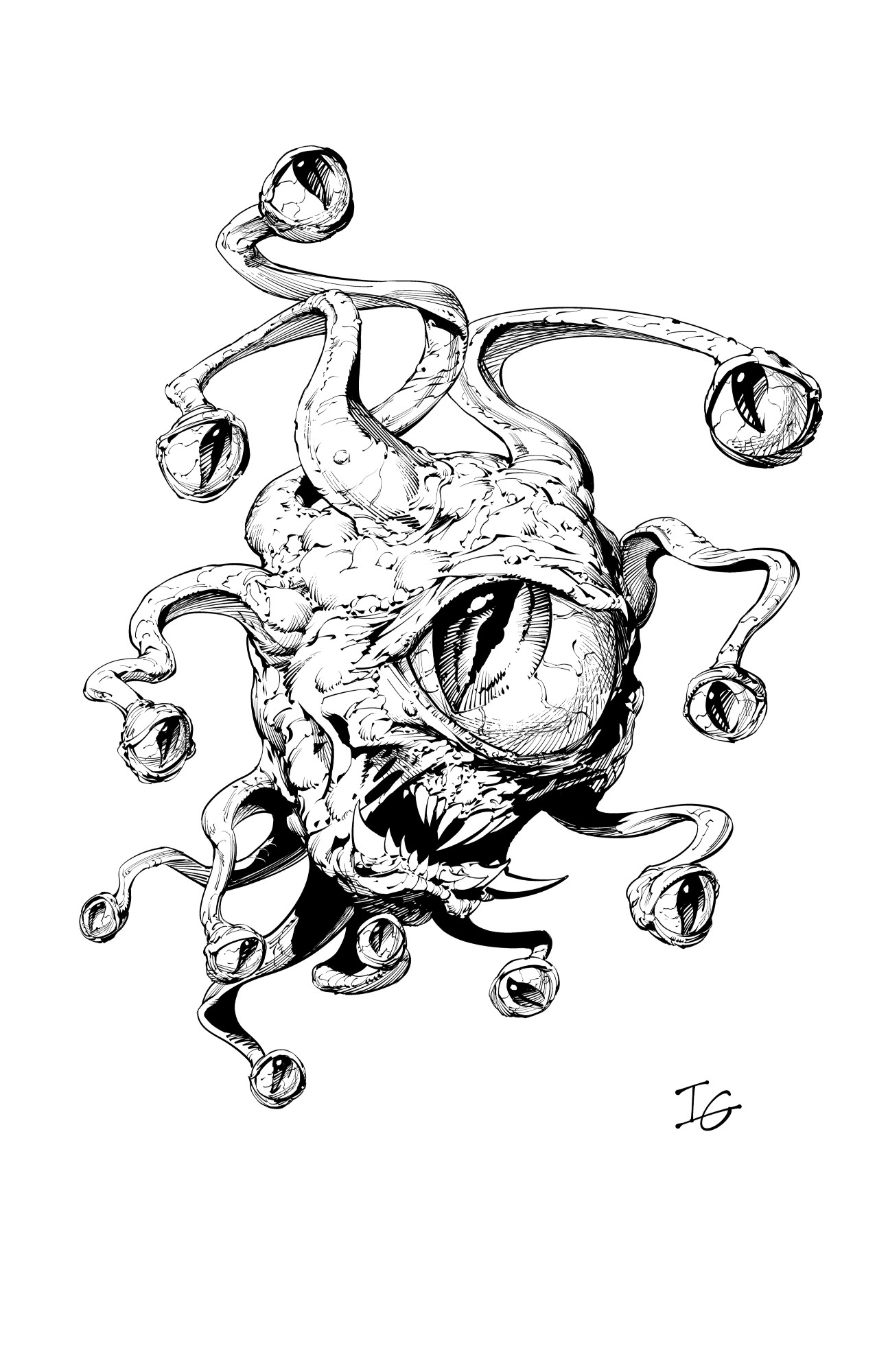 A digital ink drawing of a beholder from Dungeons and Dragons.