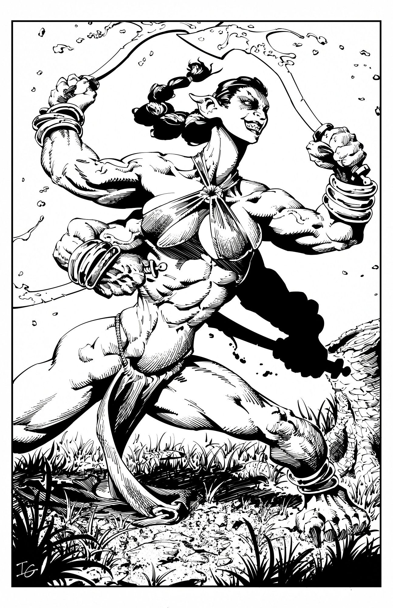 A digital ink drawing of a muscular woman with sharp teeth, pointed ears, and four arms. She holds a curved sword in each hand.