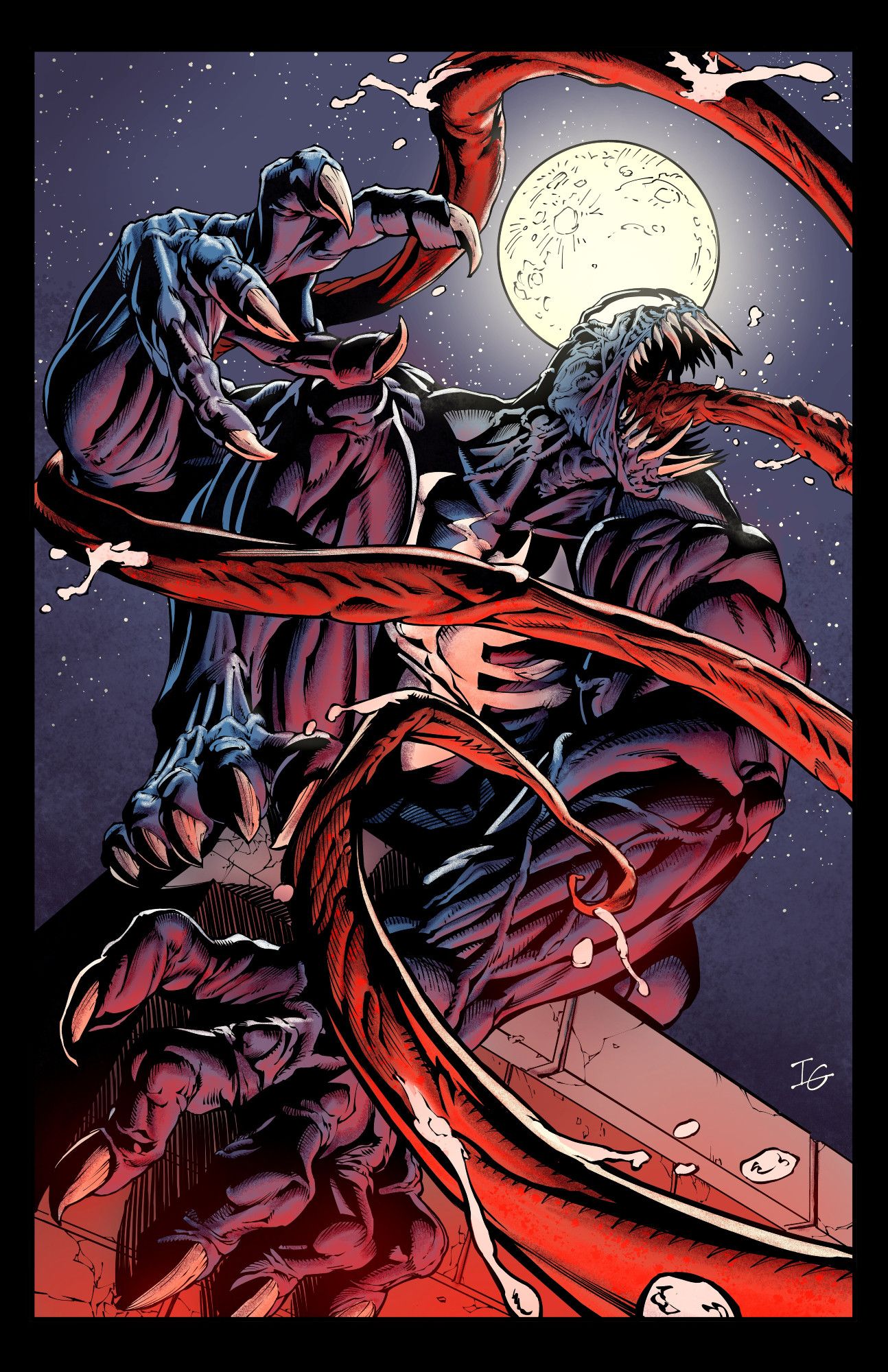 A digital drawing of Venom on top of a building with the moon behind him.