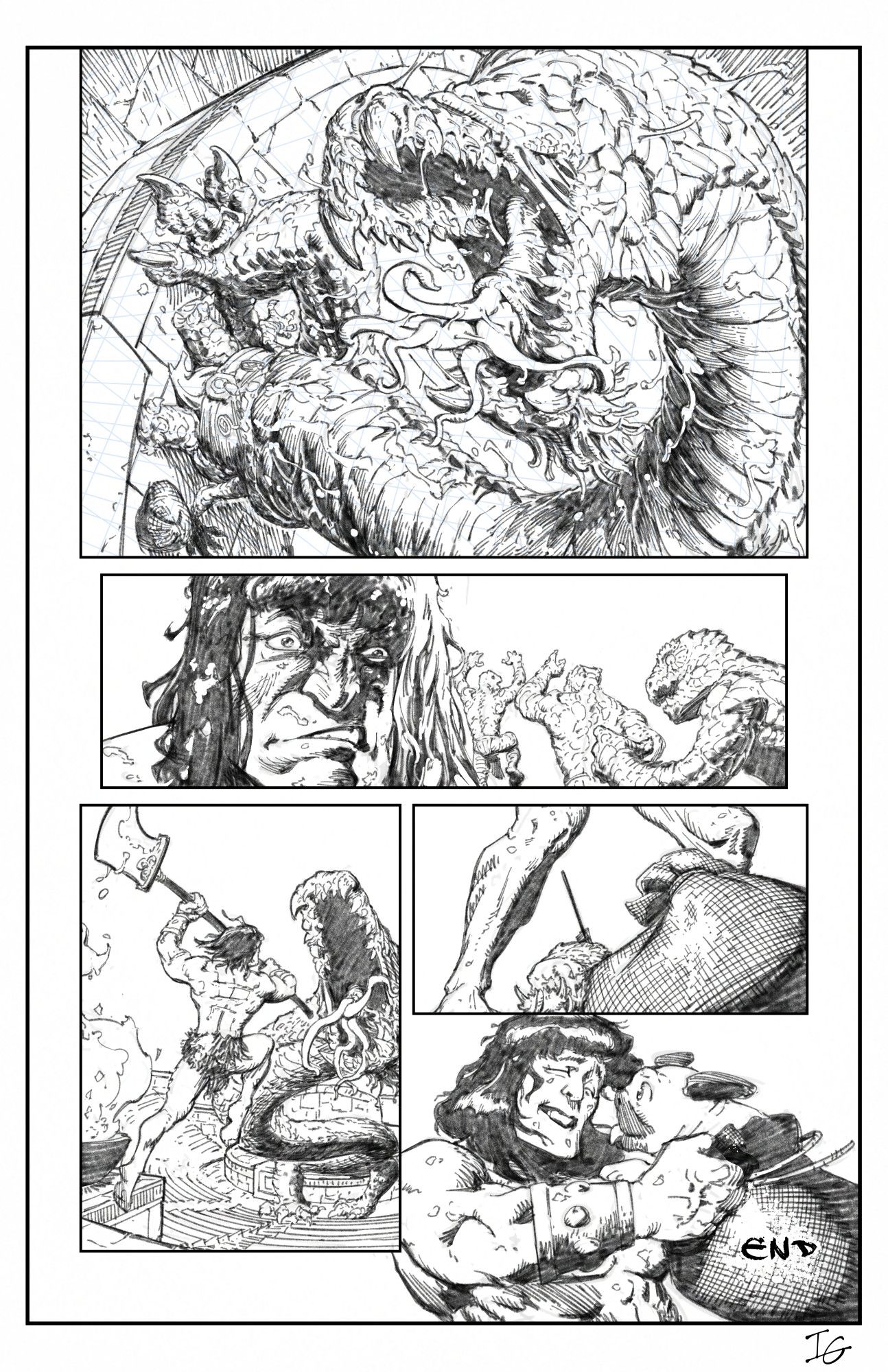 A sketch of a comic page showing a giant serpent creature coming out of the dead lizard man. The other lizard men flee the temple. Conan leaps into the air and kills the serpent with a bladed weapon. Conan opens the bag and a pug leaps out.