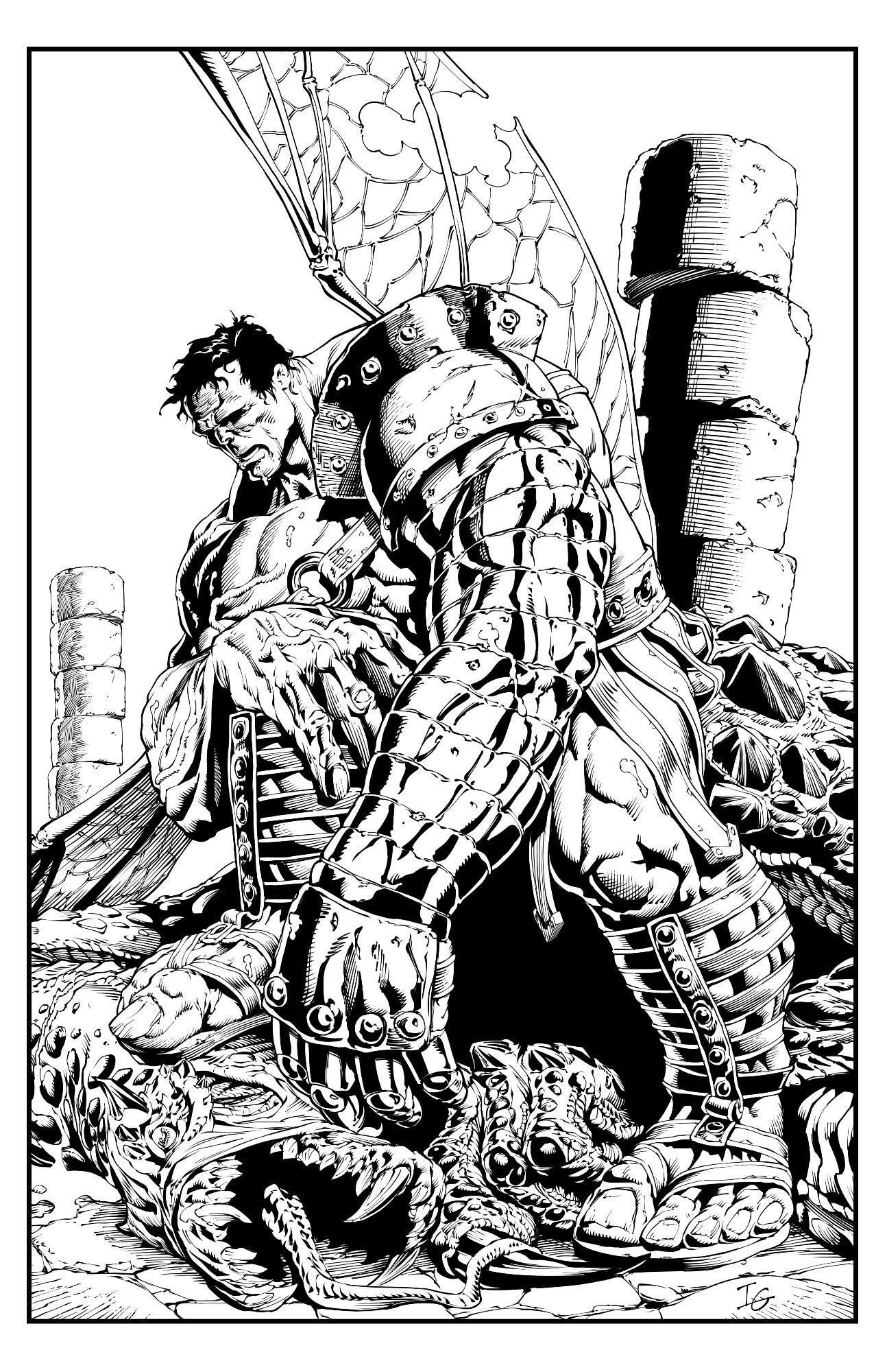 A ink drawing of a tired Hulk sitting on a creature he has just killed.