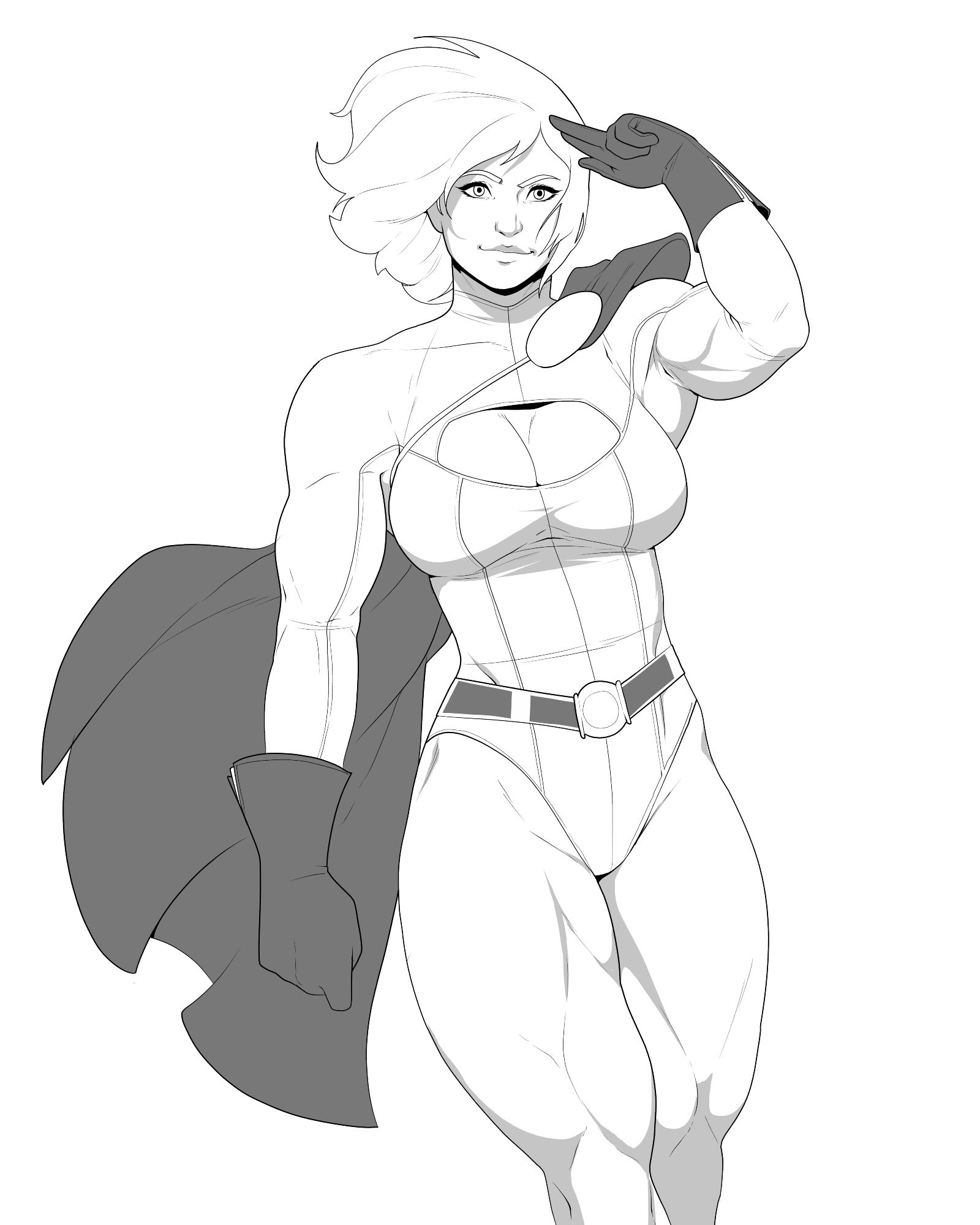 Greyscale art of jacked as fuck Power Girl giving a salute.