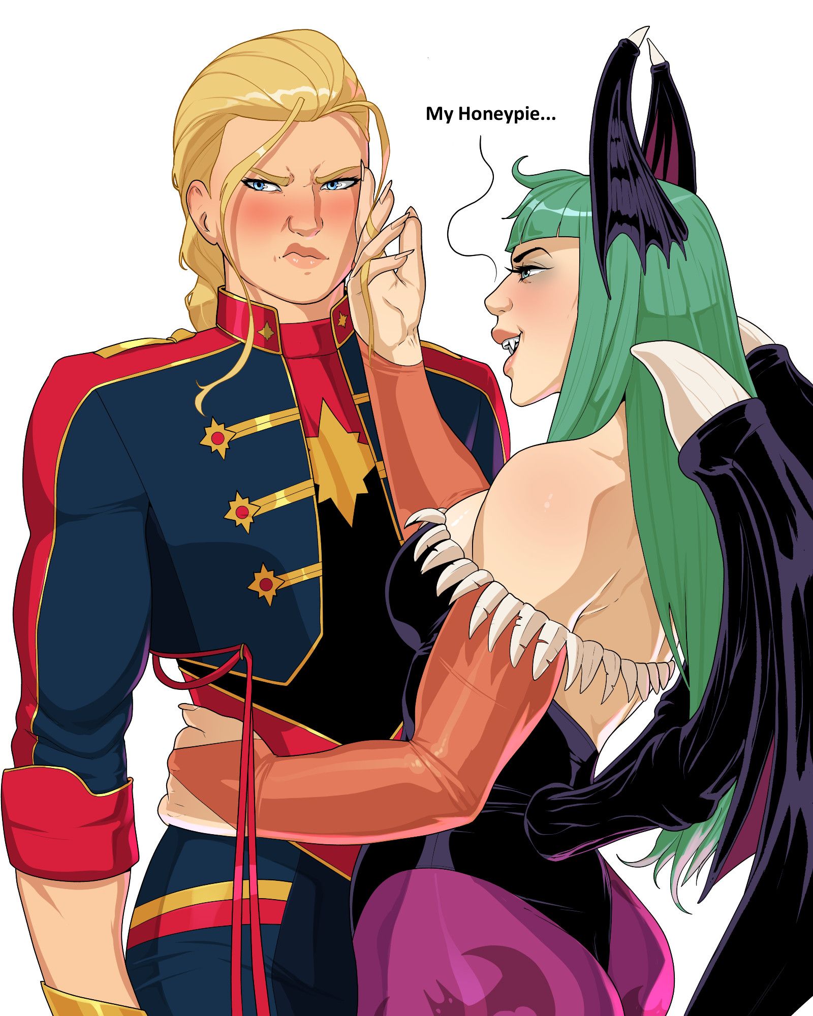 Carol Danvers looking annoyed and blushing furiously as Morrigan Aensland runs a hand a cross her face, a hand on her waist, smiling at her and saying "My Honeypie..."