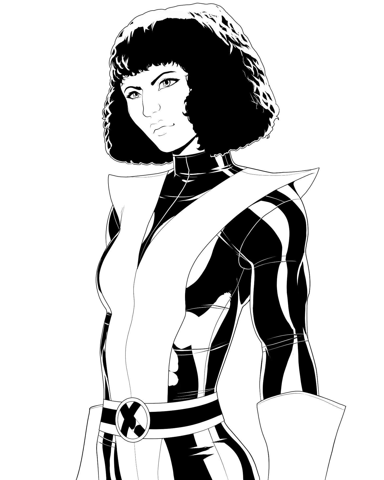 Black and white line art of Kitty Pryde