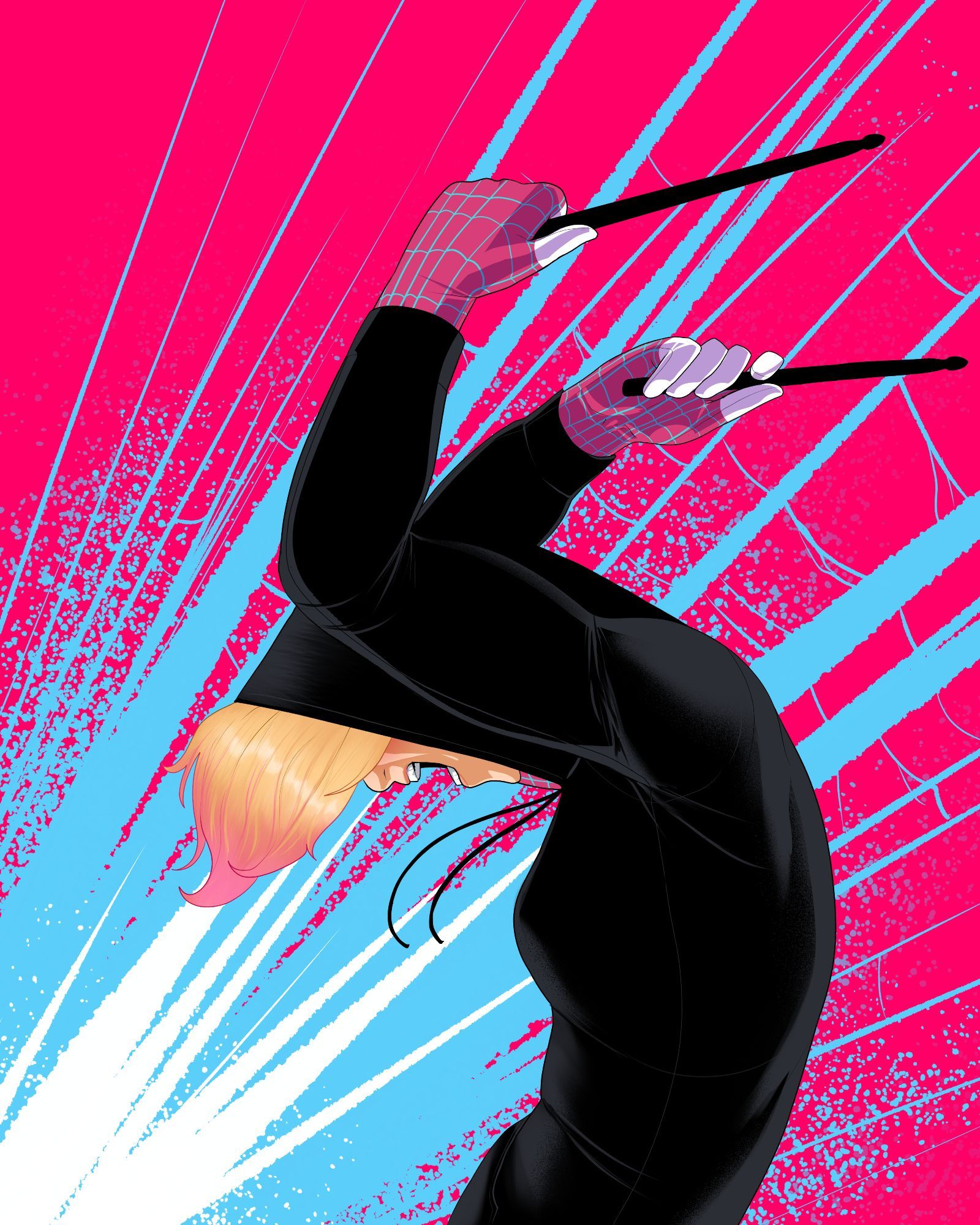 Gwen Stacy from into the Spider-Verse from the side, she's about to hit her drums hard, hands above her head and screaming. She's wearing a black hoody and it's angled from the side so her arms, hood, and hair are blocking most of her face except her screaming mouth. The background is a neon pink with a blue and white cartoonish eruption from where she's drumming, webs connecting the spikes of that design, and blue splatter.