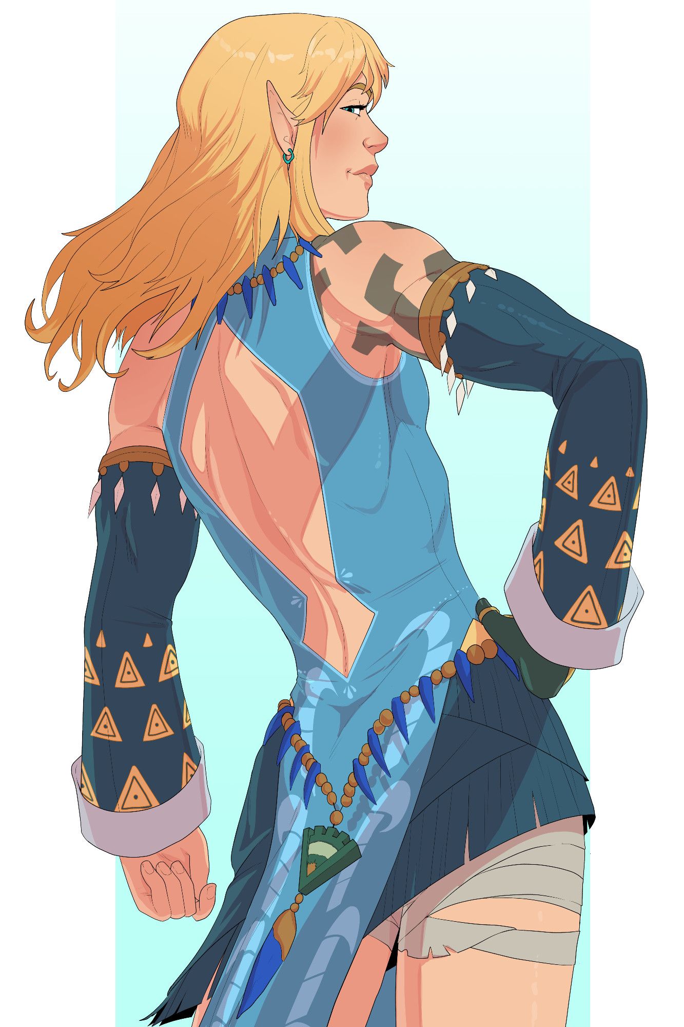 Link from Tears of the Kingdom, angled 3/4 from behind. He's wearing the blue dress outfit, hair blowing in the wind and hand on his hit. He's looking over his shoulder towards the viewer with a smirk.